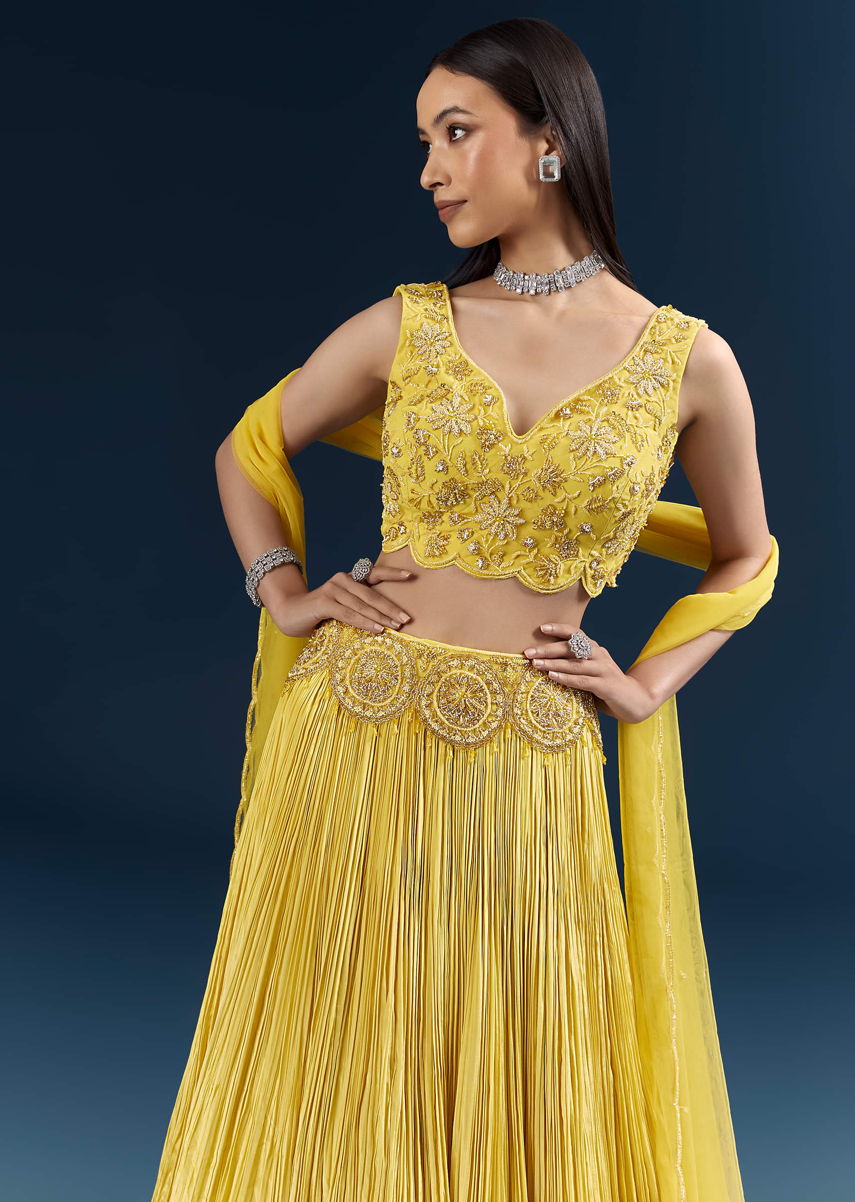 Yellow Crepe Bridesmaid Lehenga With Heavy Embroidery - Image 3
