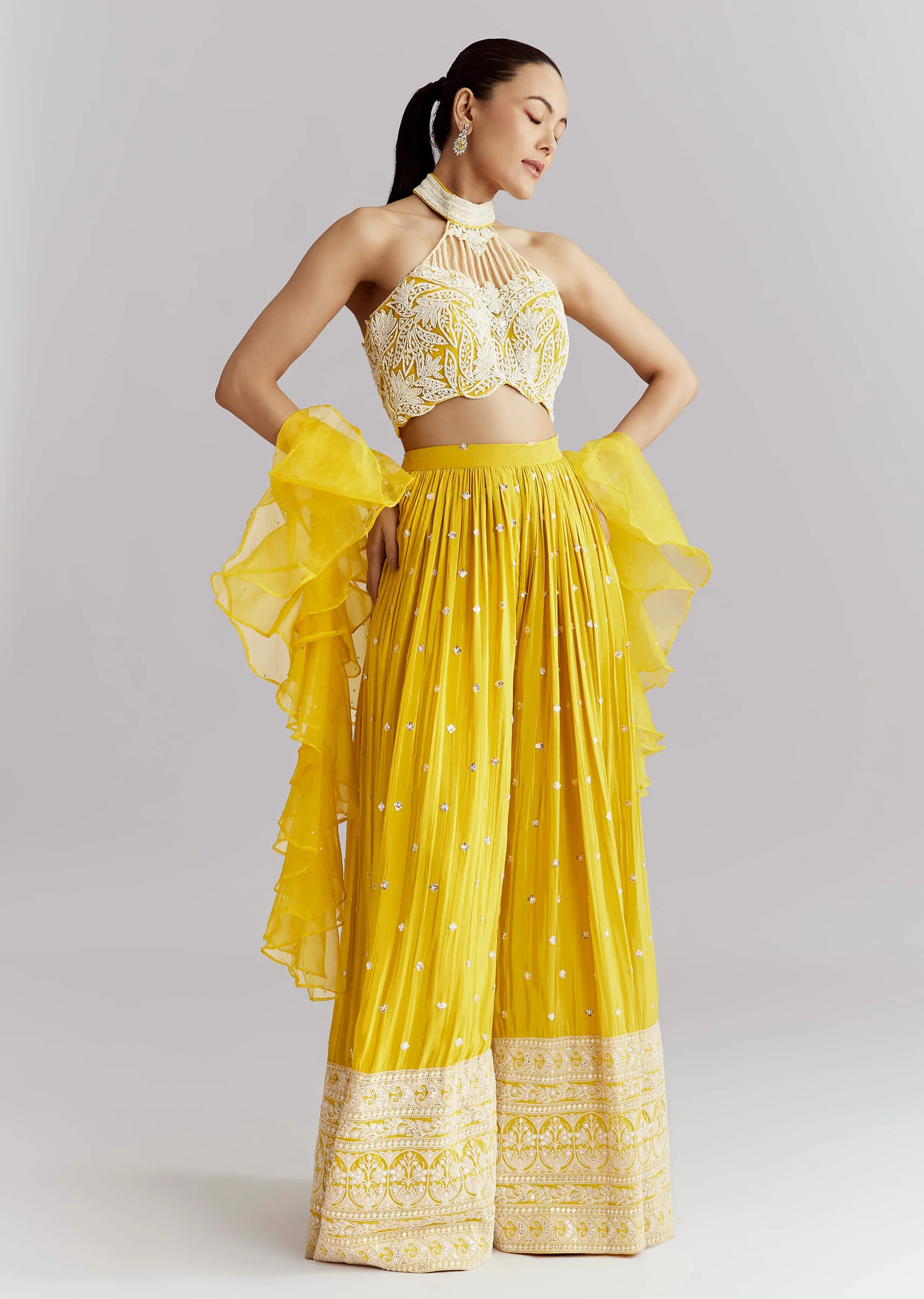 Yellow Crepe Crop Top Palazzo Pant Set With Embroidery - Image 3