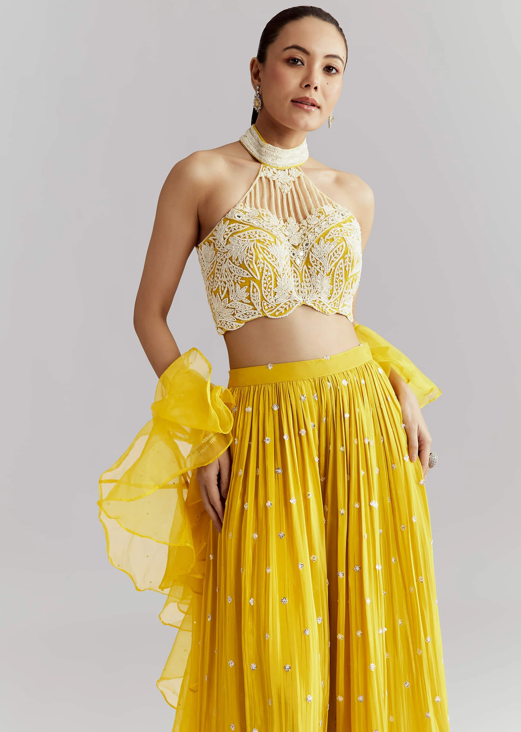 Yellow Crepe Crop Top Palazzo Pant Set With Embroidery - Image 4