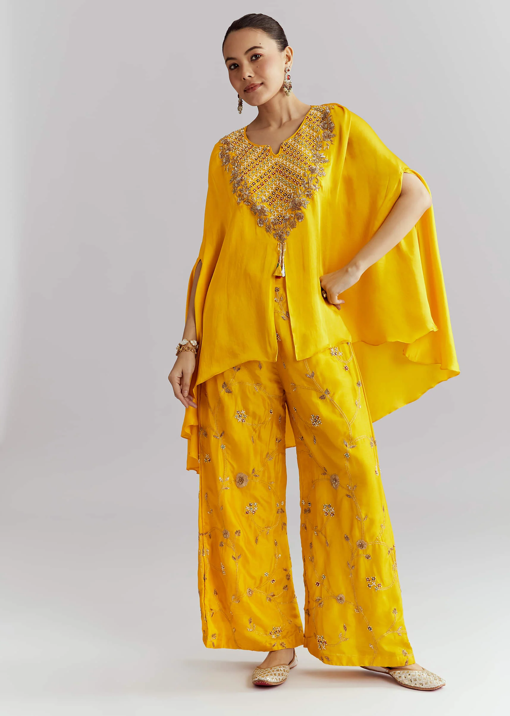 Yellow Crepe Indo Western Set With Heavy Hand Embroidery - Image 3