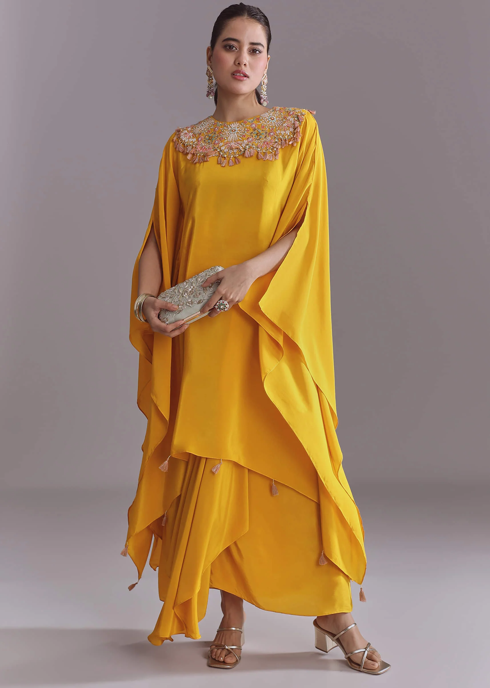 Yellow Crepe Kaftan Top And Drape Skirt Set With Embroidery