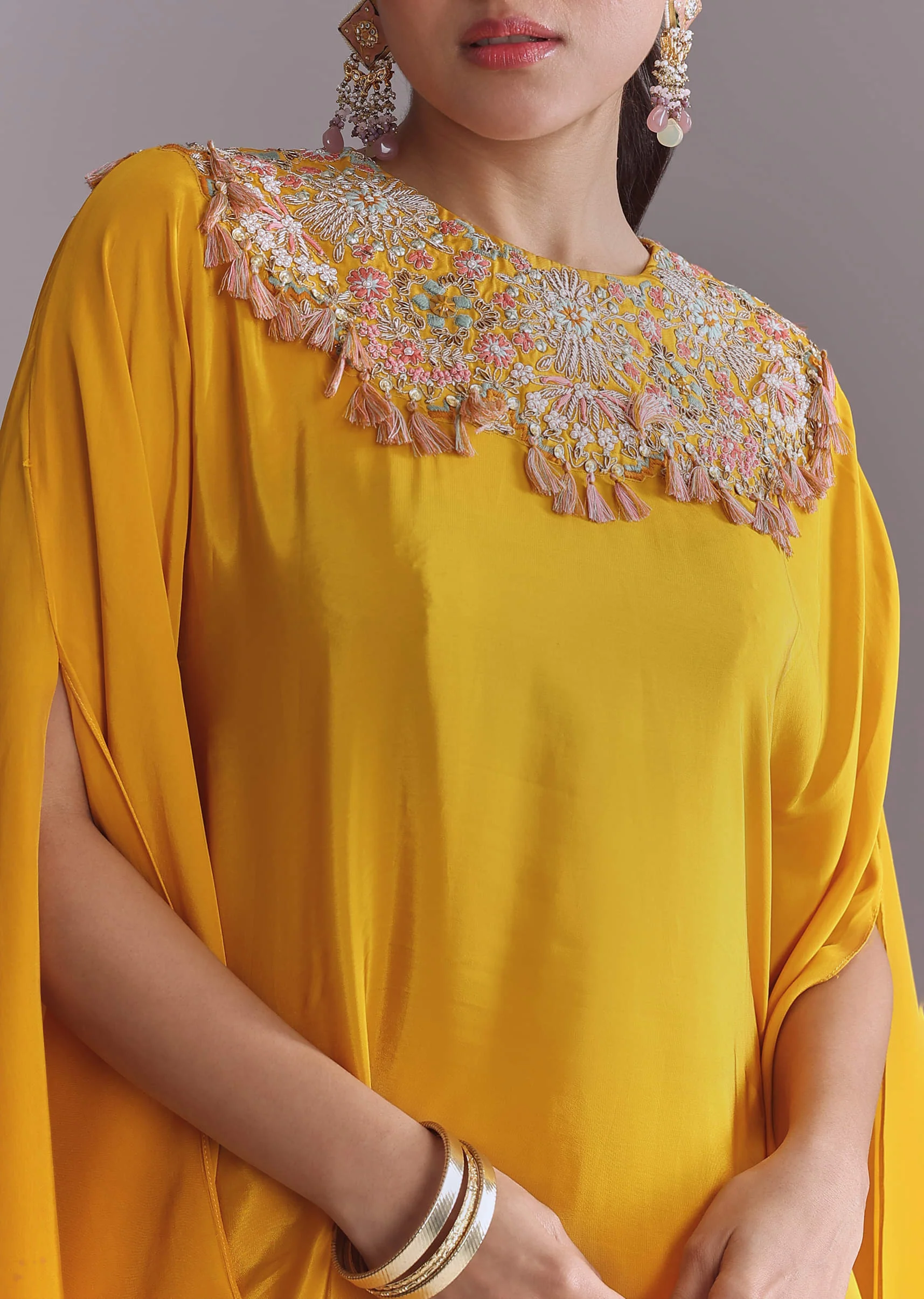 Yellow Crepe Kaftan Top And Drape Skirt Set With Embroidery - Image 2