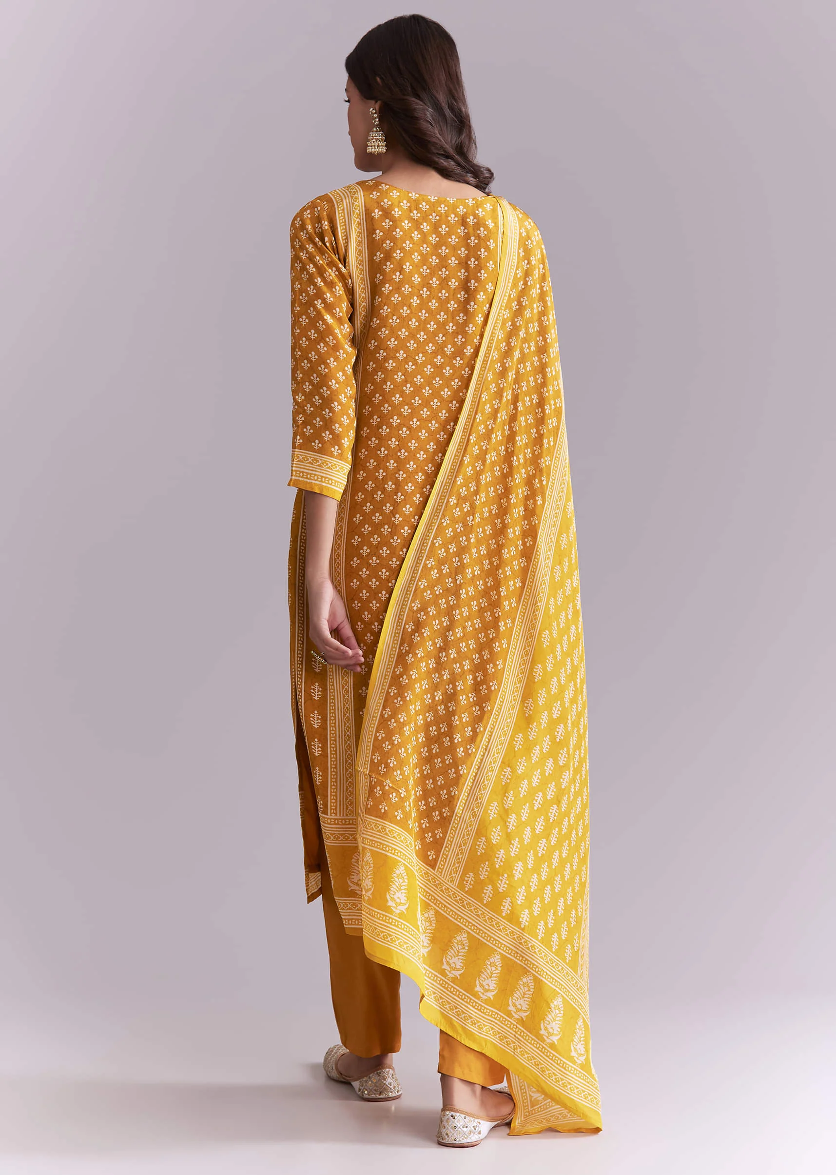 Yellow Crepe Kurta Set With Indie Print And Moti Work - Image 5