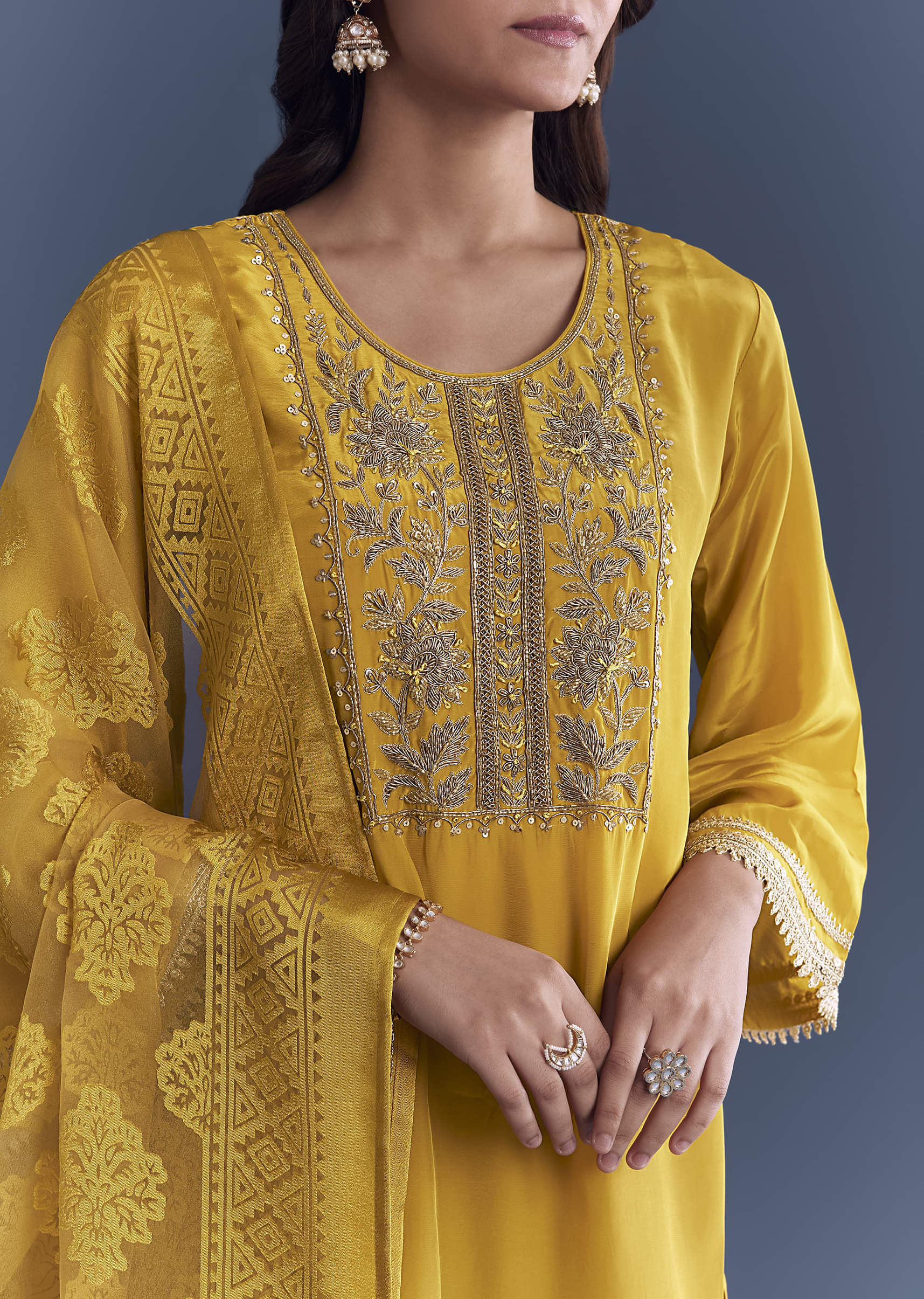 Yellow Crepe Kurta Set With Zardosi Work And Farzi Pants - Image 2