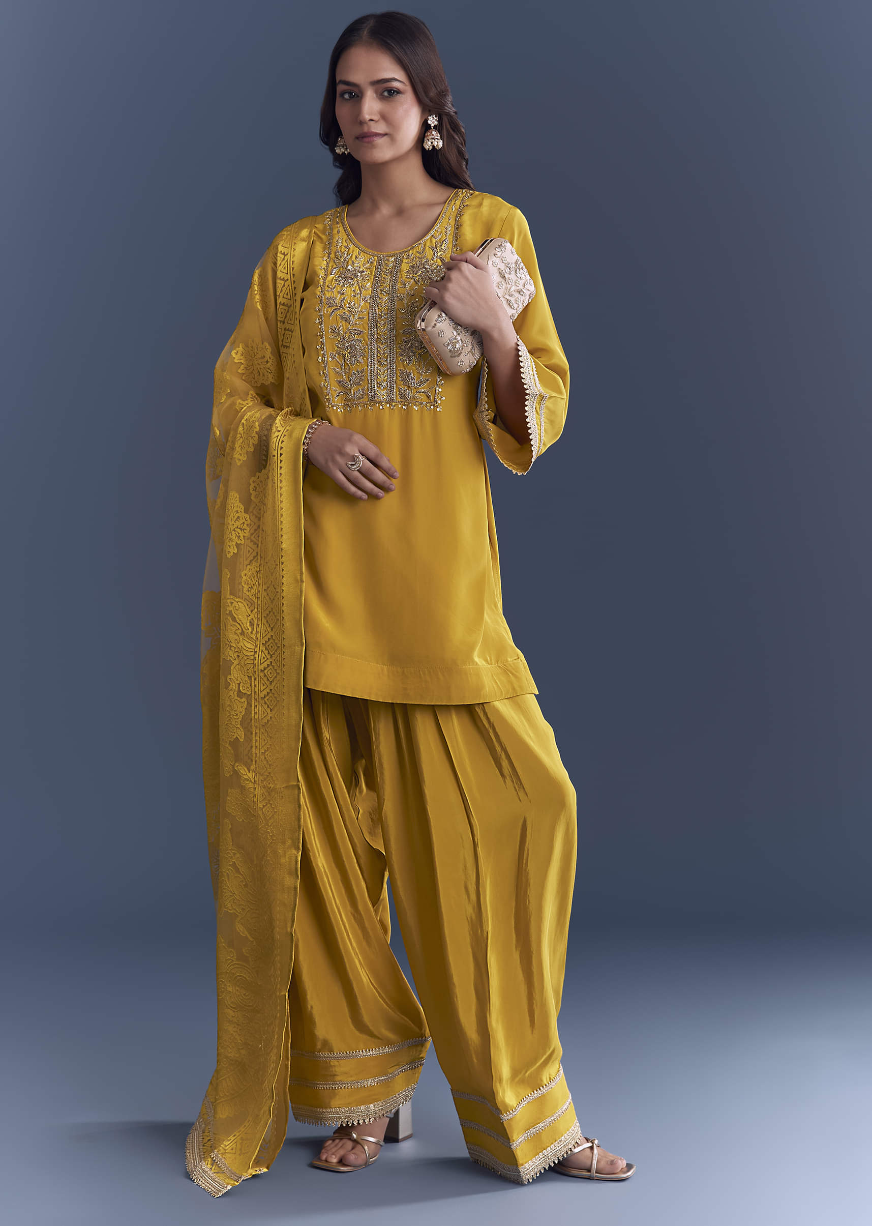 Yellow Crepe Kurta Set With Zardosi Work And Farzi Pants - Image 3