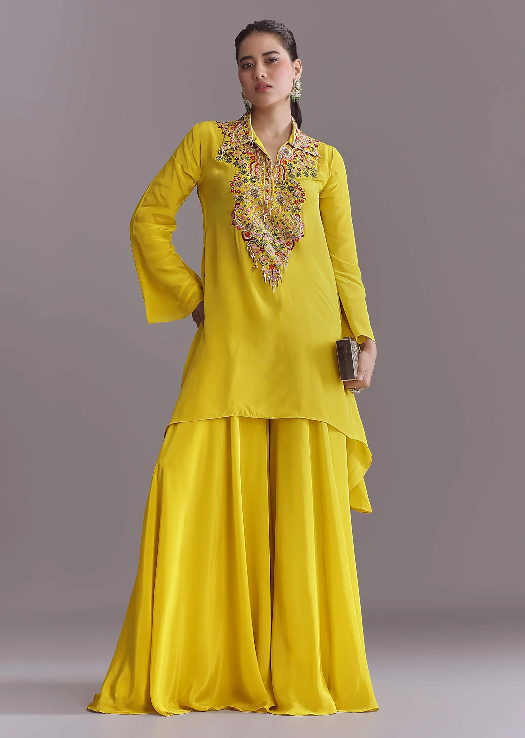 Yellow Crepe Palazzo Suit With Thread And Resham Work - Image 7