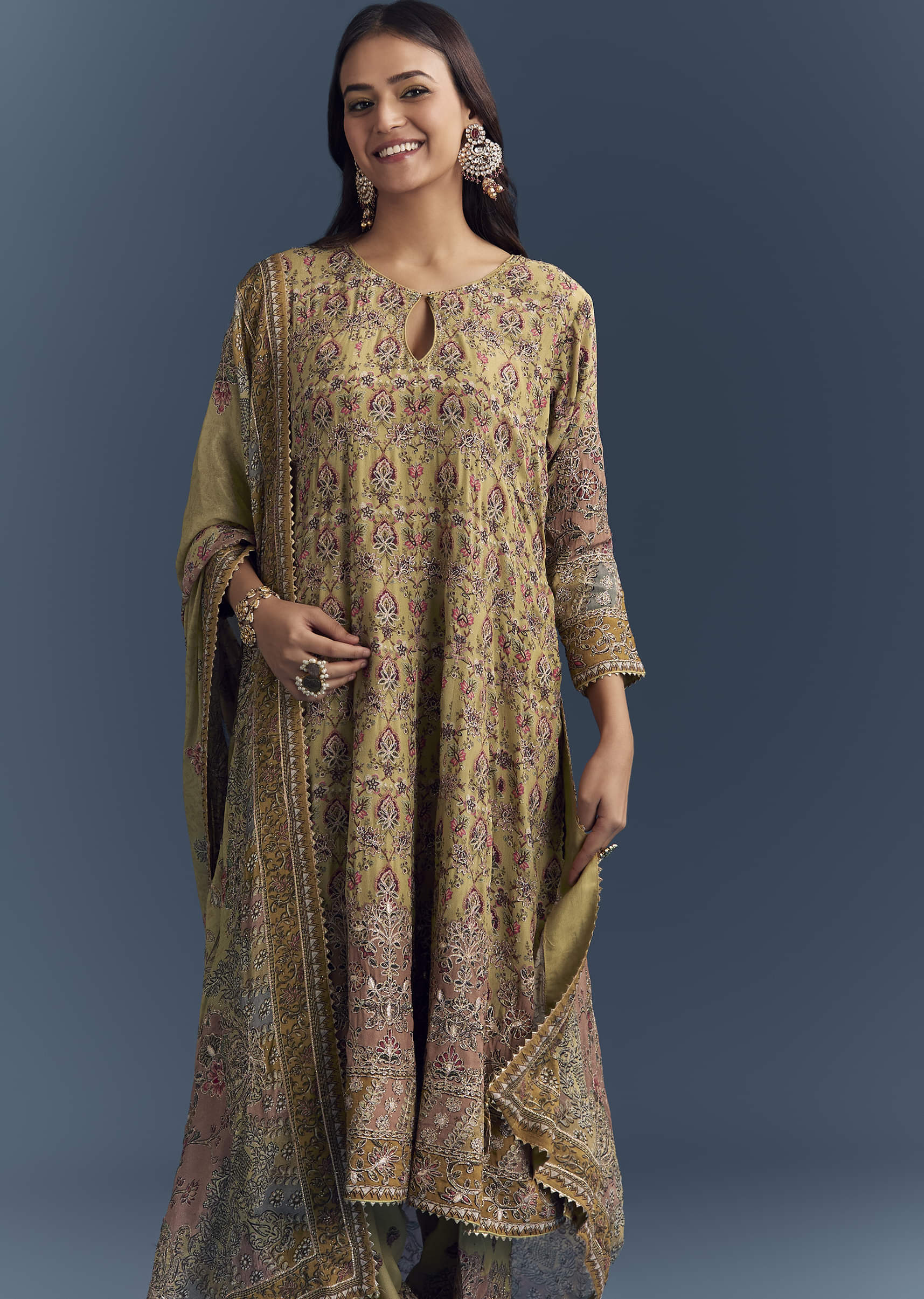 Yellow Crepe Printed Kurta Set With Gota Work - Image 4