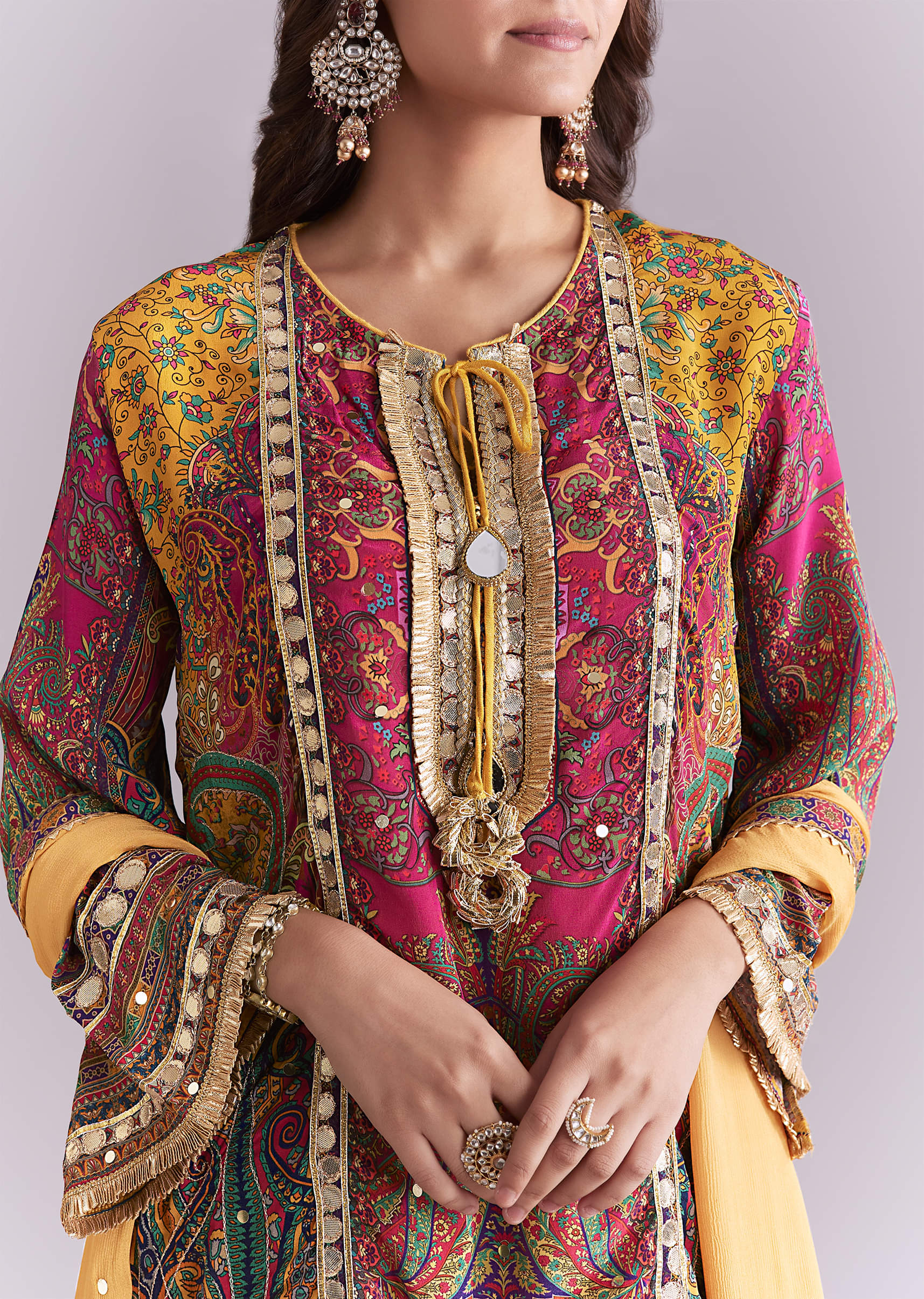 Yellow Crepe Printed Sharara Suit With Gota Detail And Potli - Image 2