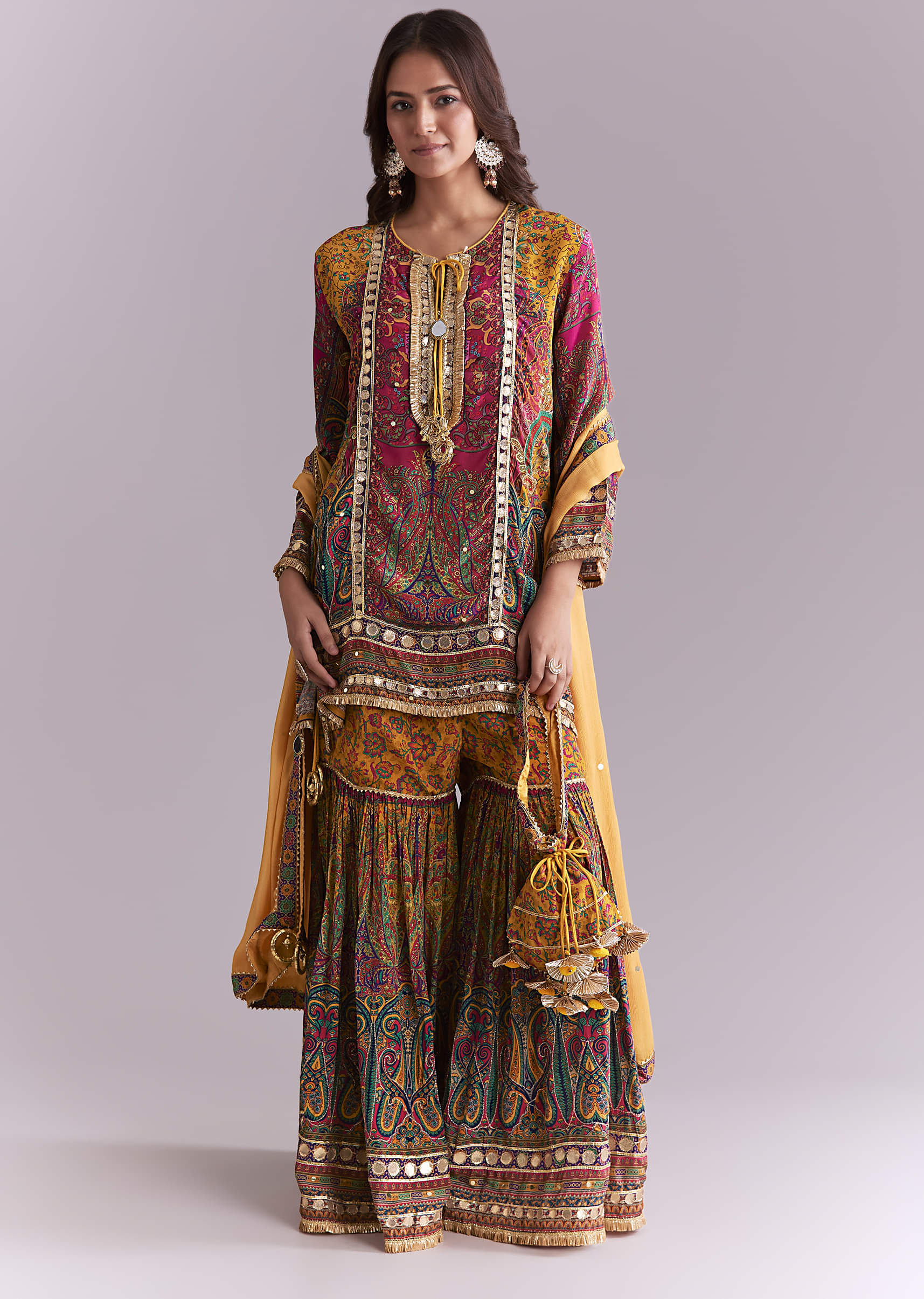 Yellow Crepe Printed Sharara Suit With Gota Detail And Potli - Image 3