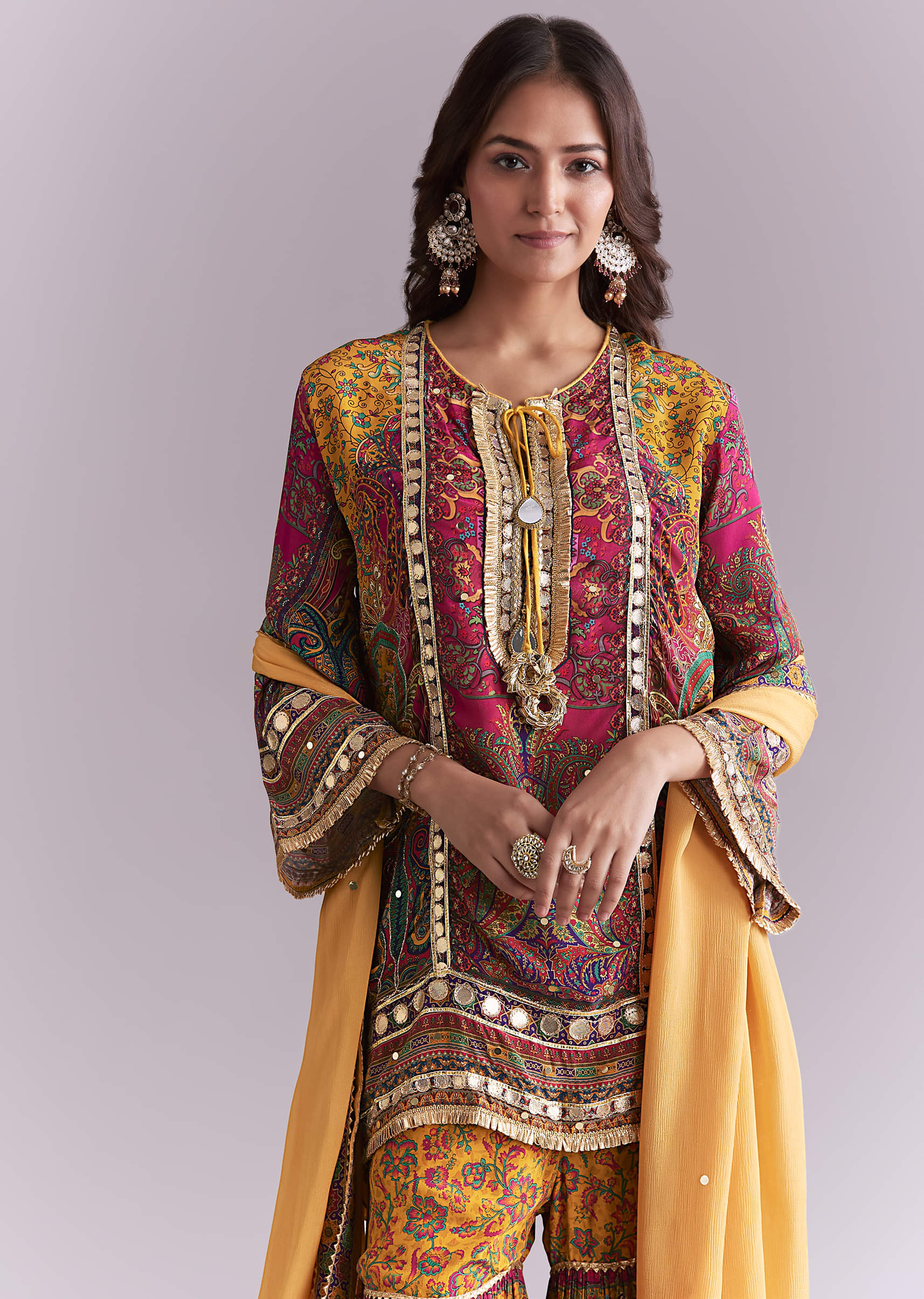 Yellow Crepe Printed Sharara Suit With Gota Detail And Potli - Image 4