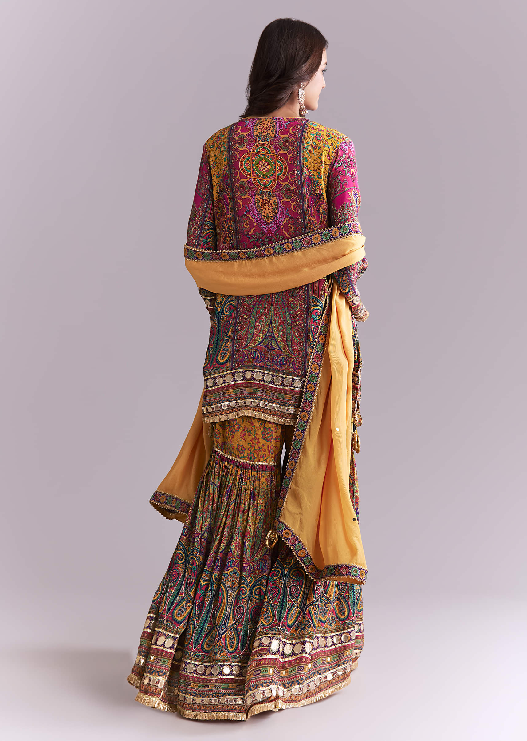 Yellow Crepe Printed Sharara Suit With Gota Detail And Potli - Image 5