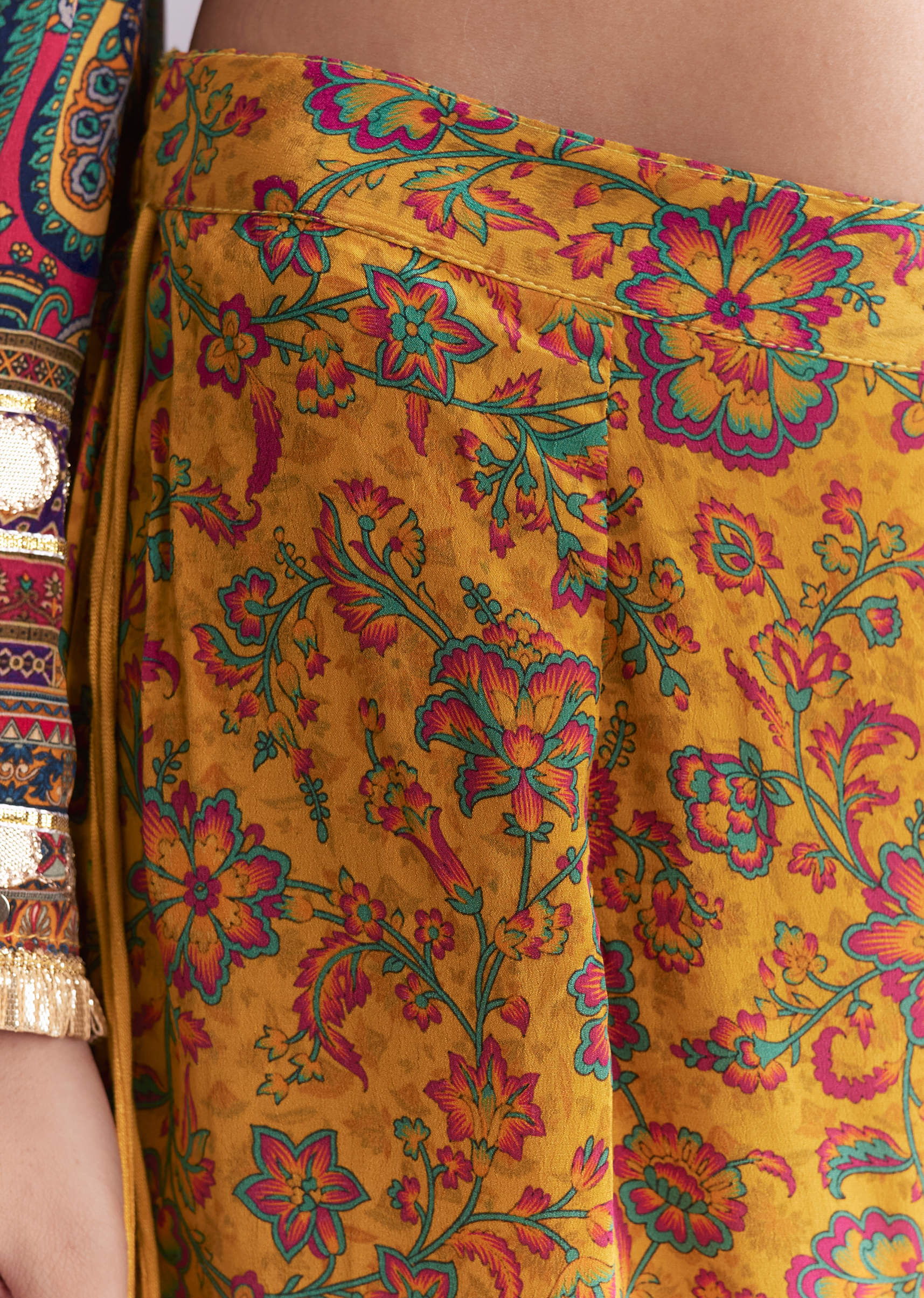 Yellow Crepe Printed Sharara Suit With Gota Detail And Potli - Image 6