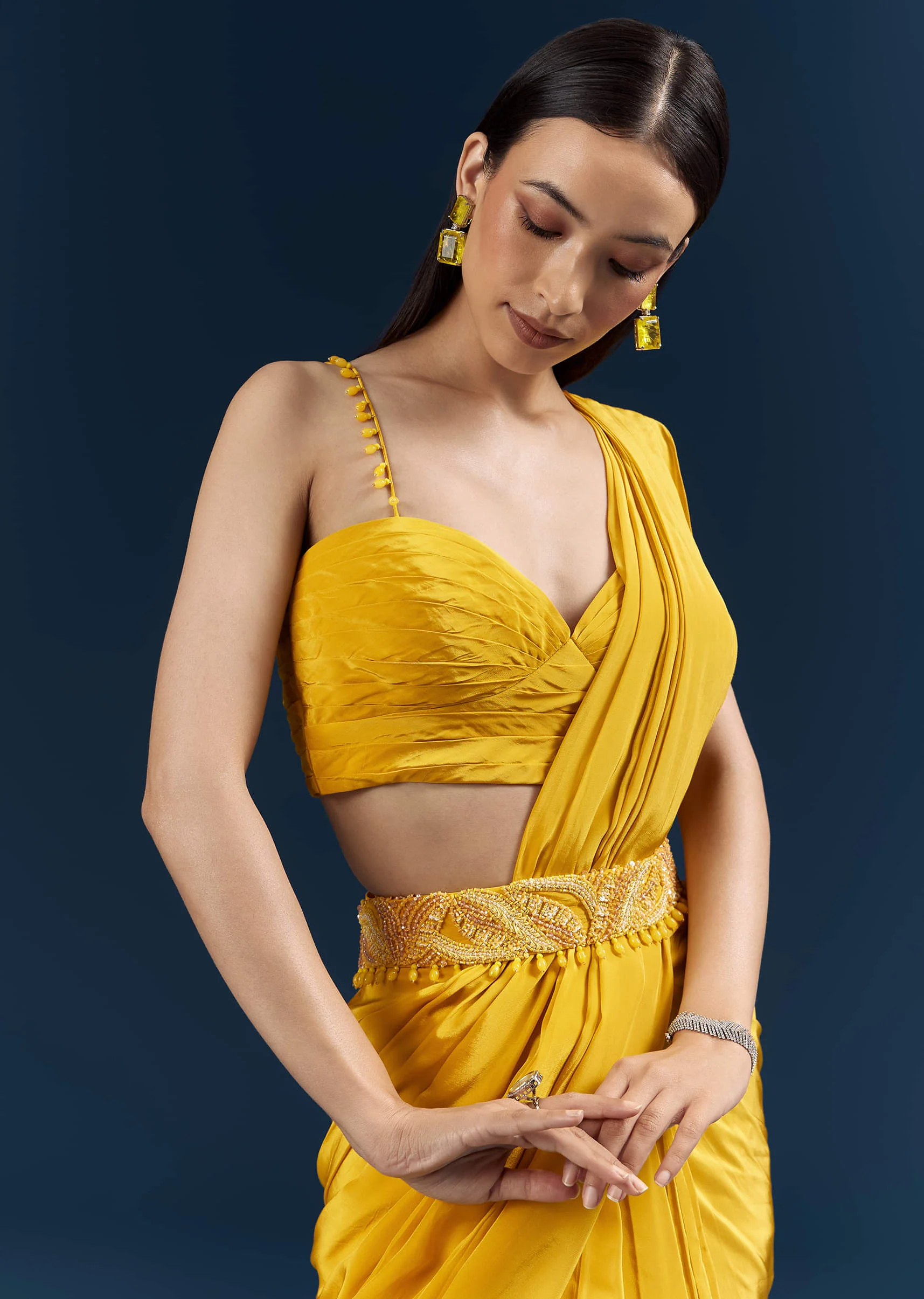Yellow Crepe Ready Pleated Saree With Heavy Embroidery - Image 3