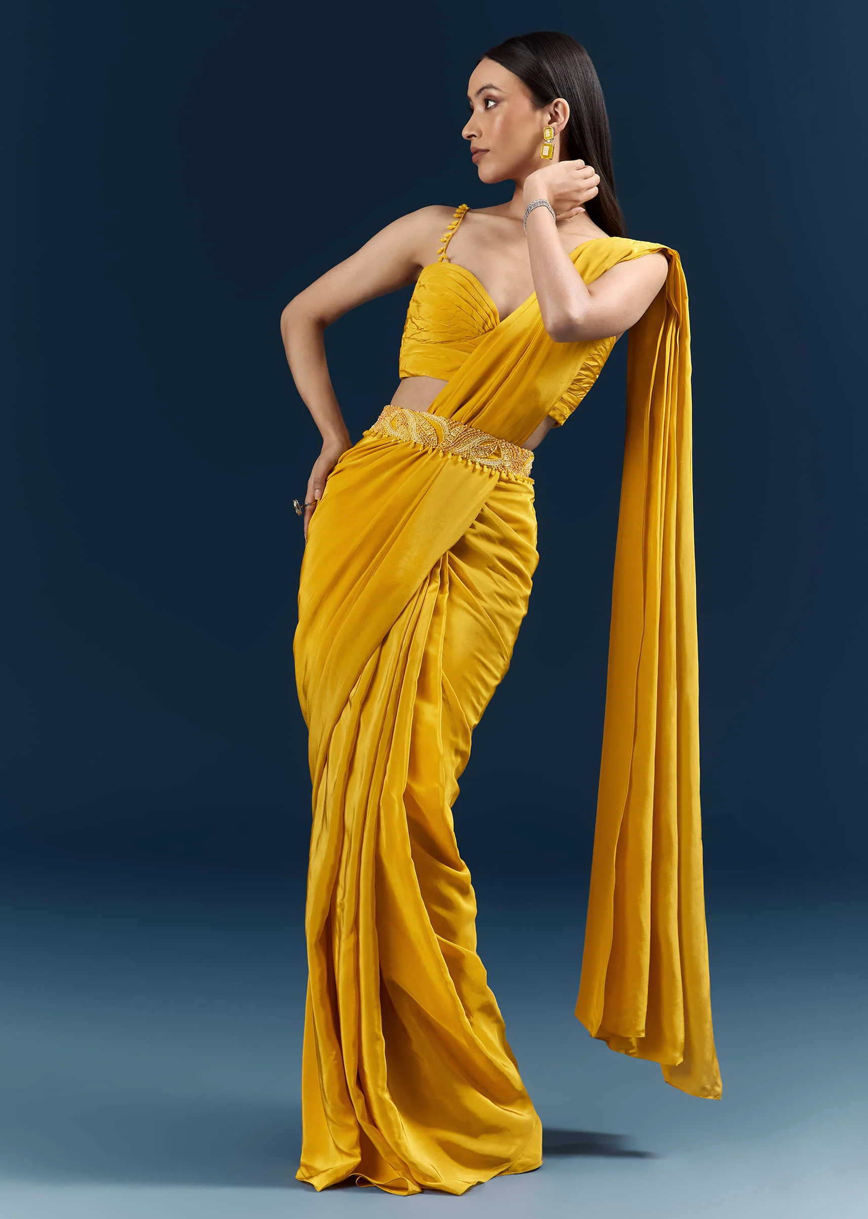 Yellow Crepe Ready Pleated Saree With Heavy Embroidery - Image 4