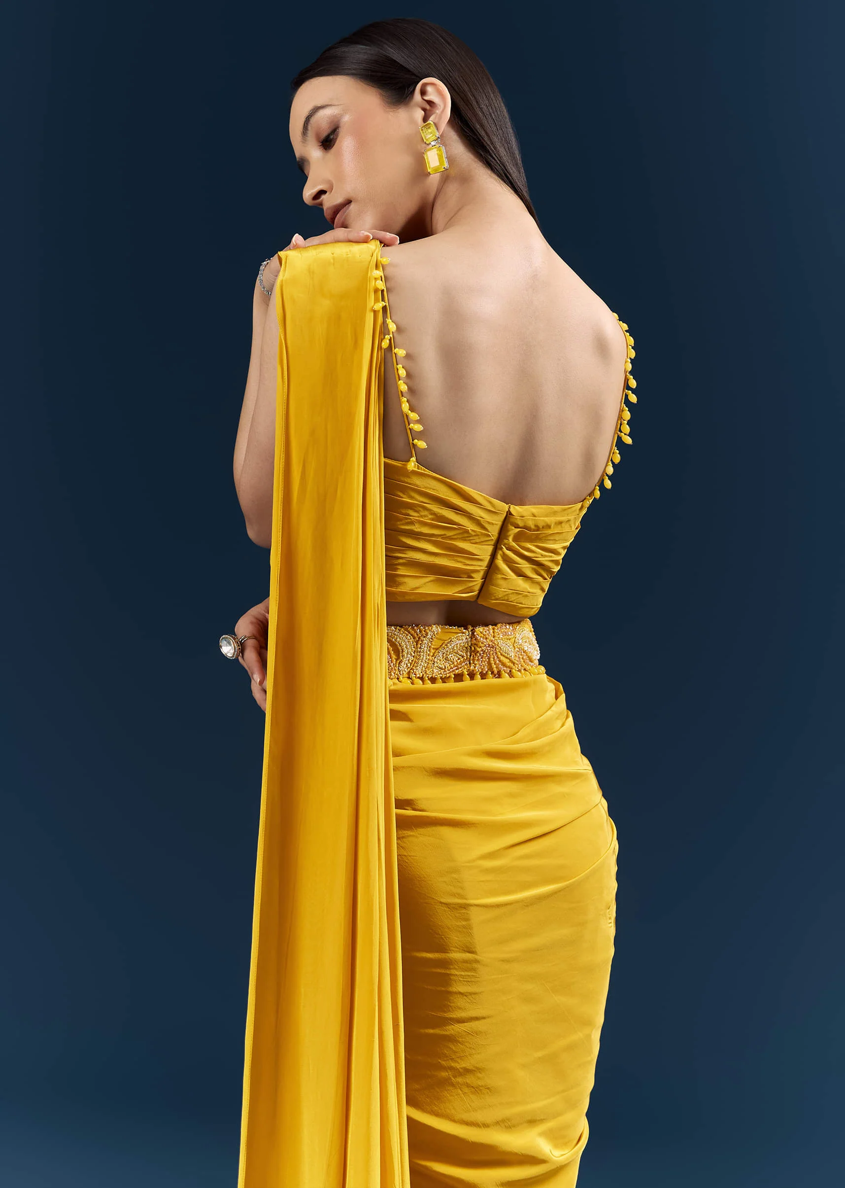 Yellow Crepe Ready Pleated Saree With Heavy Embroidery - Image 5