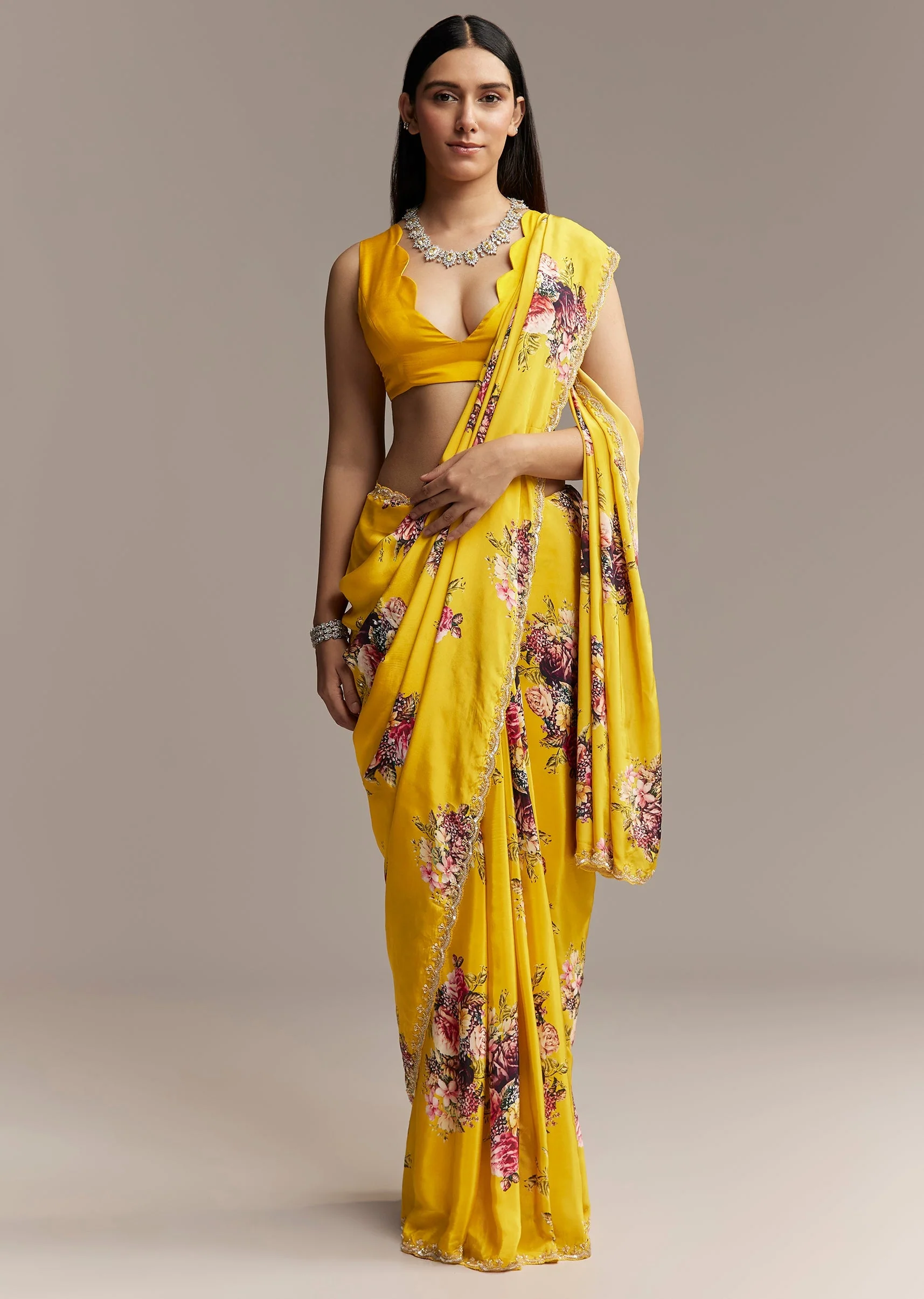 Yellow Crepe Saree With Floral Digital Print And Sequin Embroidery - Image 3