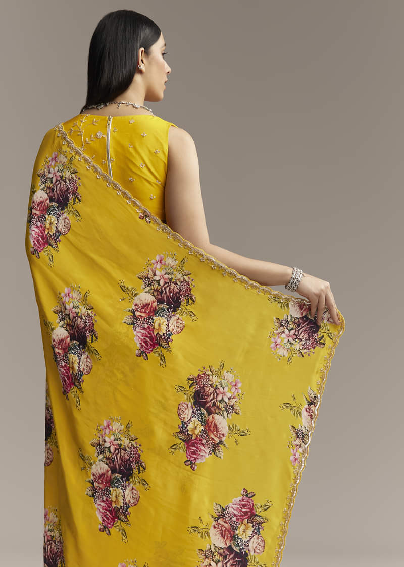 Yellow Crepe Saree With Floral Digital Print And Sequin Embroidery - Image 4