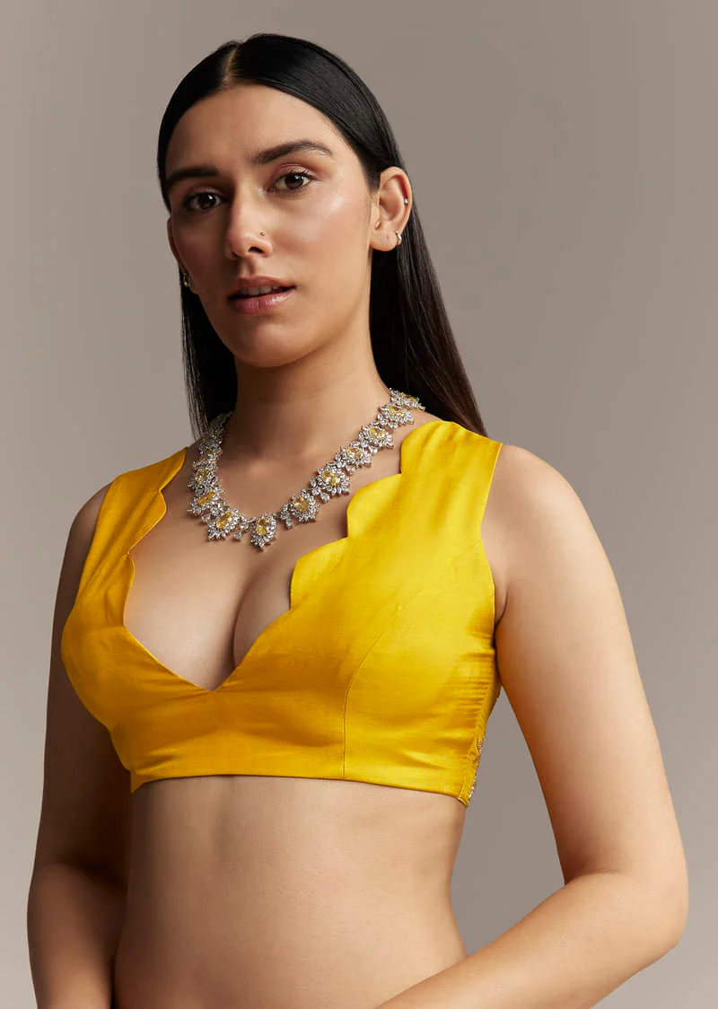 Yellow Crepe Saree With Floral Digital Print And Sequin Embroidery - Image 7