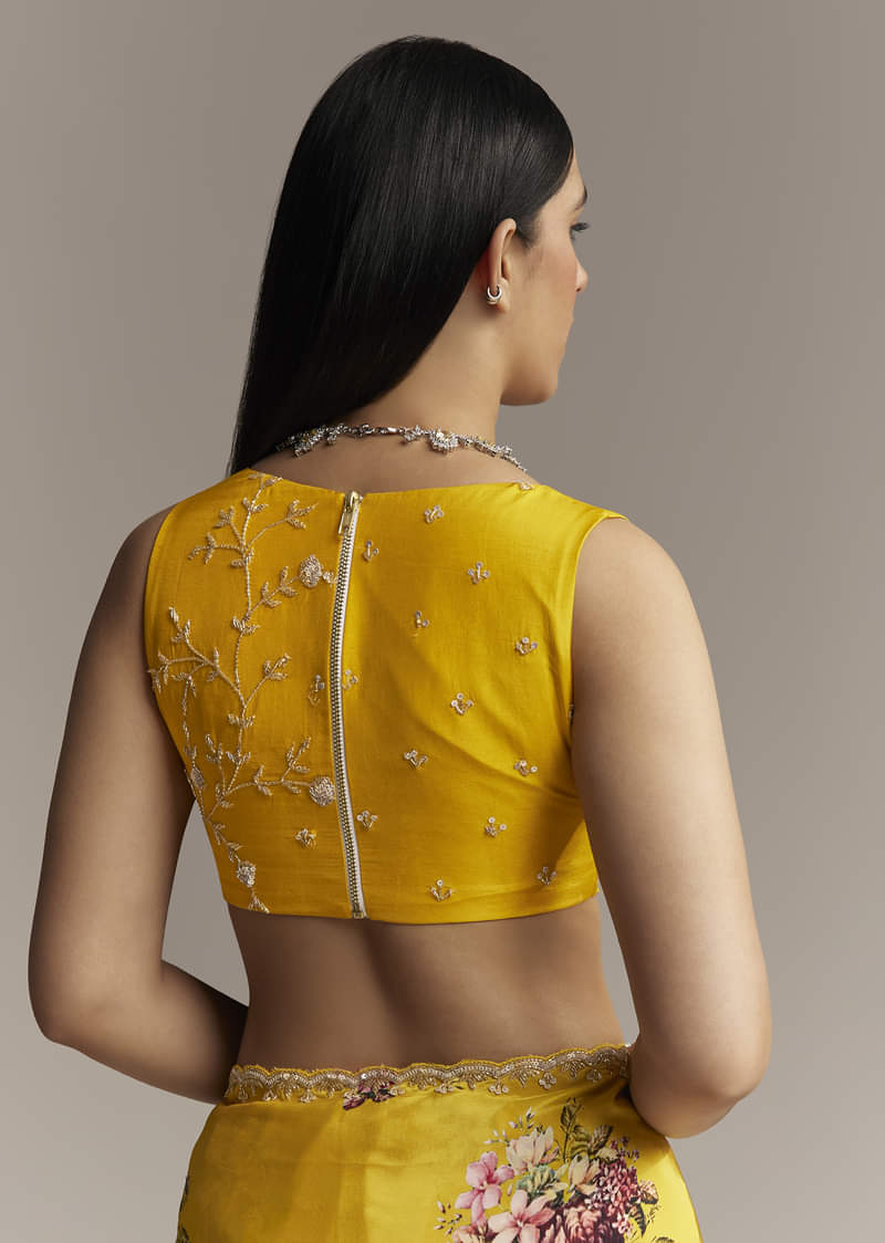 Yellow Crepe Saree With Floral Digital Print And Sequin Embroidery - Image 8