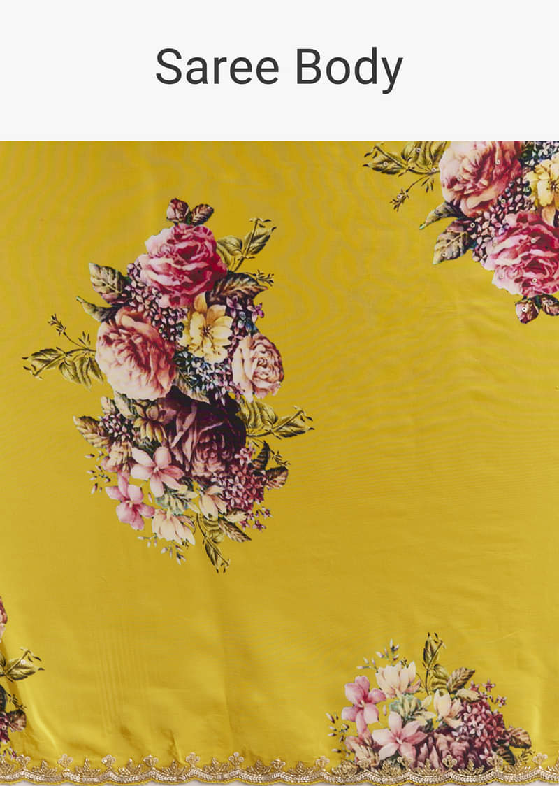 Yellow Crepe Saree With Floral Digital Print And Sequin Embroidery - Image 9