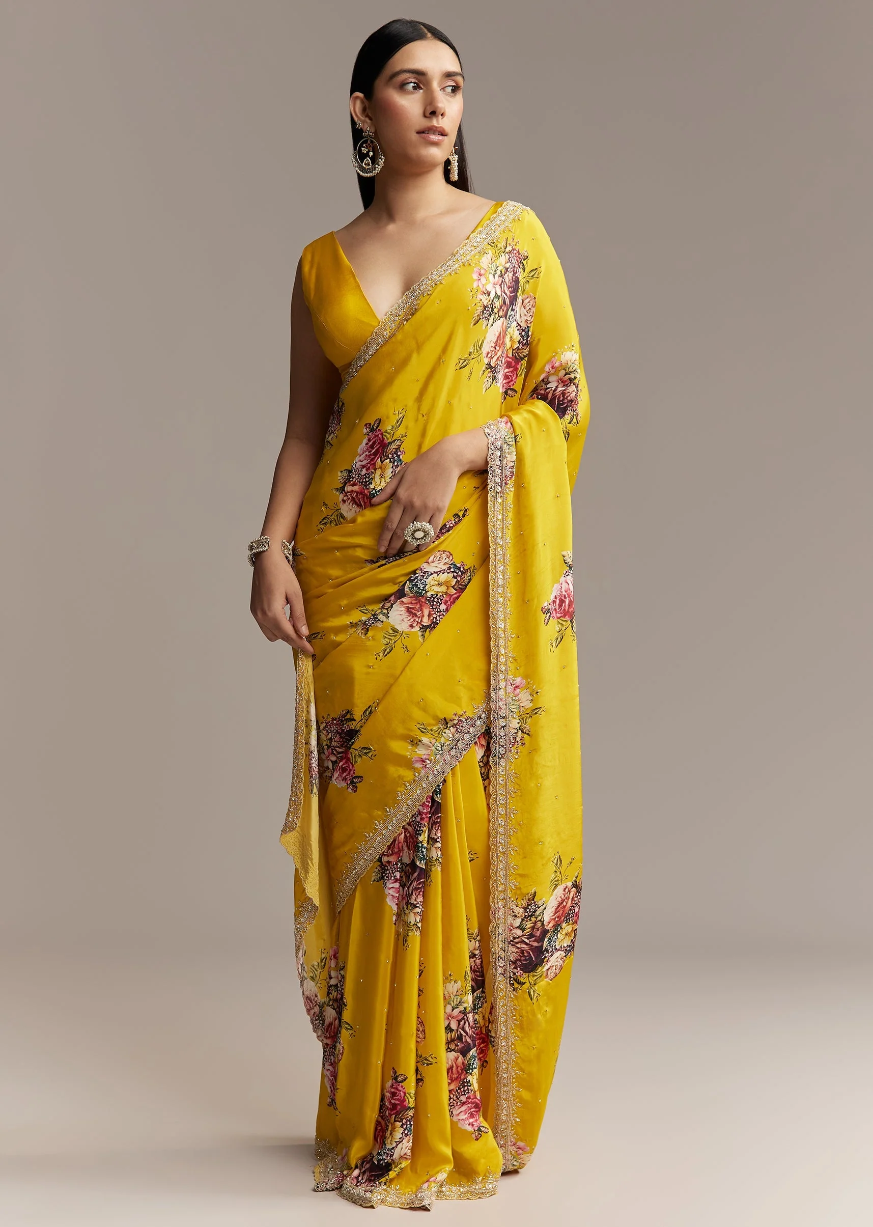Yellow Crepe Saree With Multicolor Floral Print And Embellished Border - Image 3