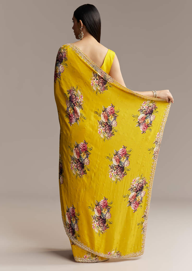 Yellow Crepe Saree With Multicolor Floral Print And Embellished Border - Image 6