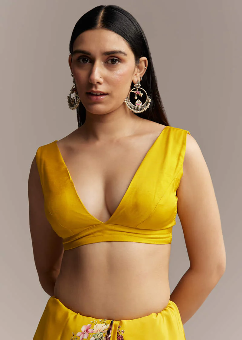 Yellow Crepe Saree With Multicolor Floral Print And Embellished Border - Image 7
