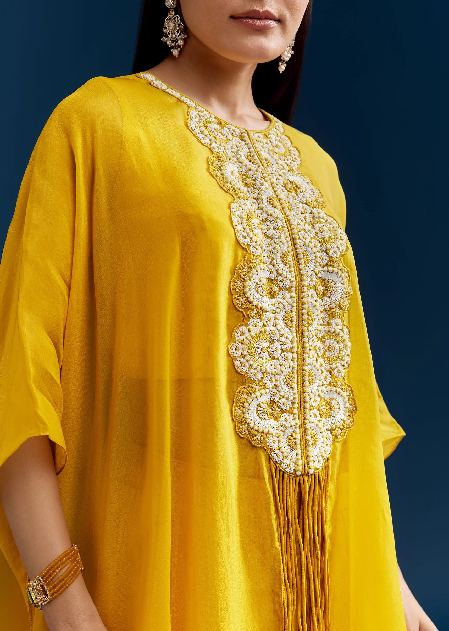 Yellow Crop Top Cape Set With Embroidery And Fancy Sleeves - Image 2