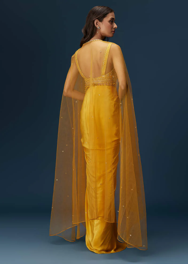 Yellow Crop Top Set With Embroidered Blouse And Drape Dupatta - Image 2