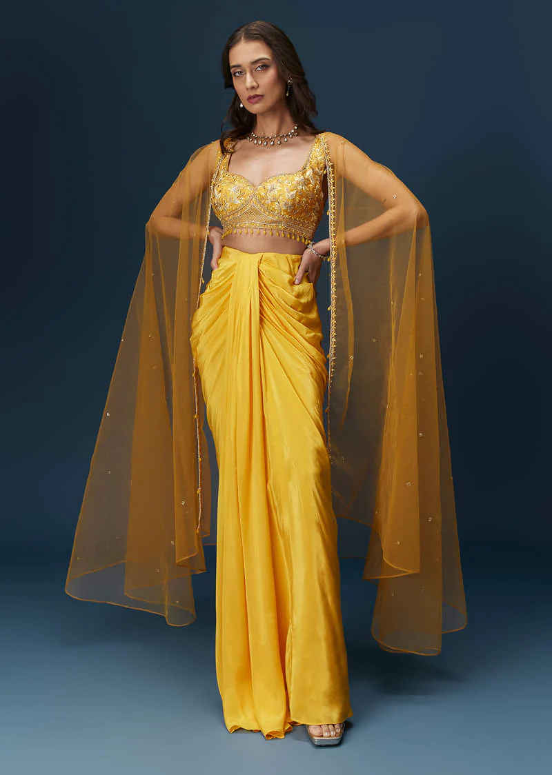 Yellow Crop Top Set With Embroidered Blouse And Drape Dupatta - Image 3