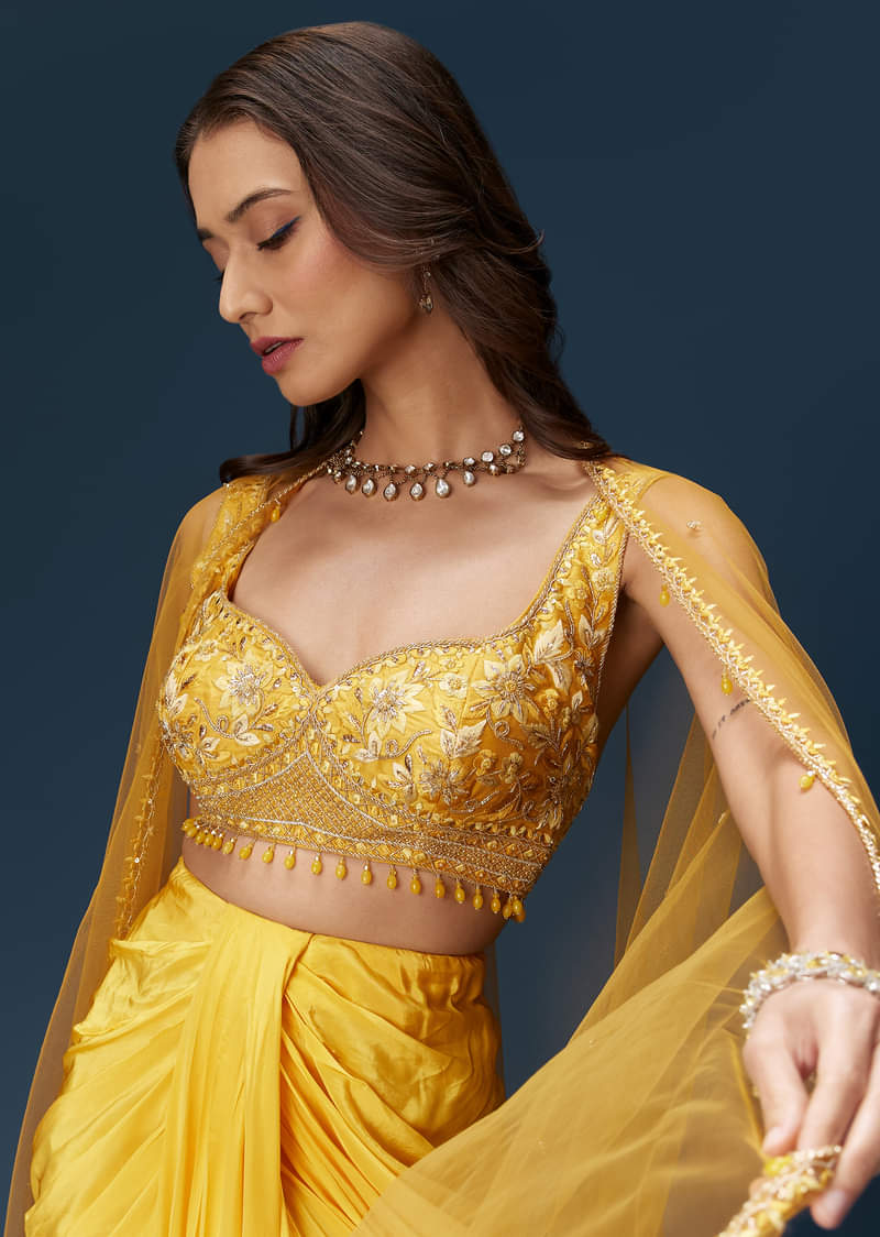 Yellow Crop Top Set With Embroidered Blouse And Drape Dupatta - Image 5