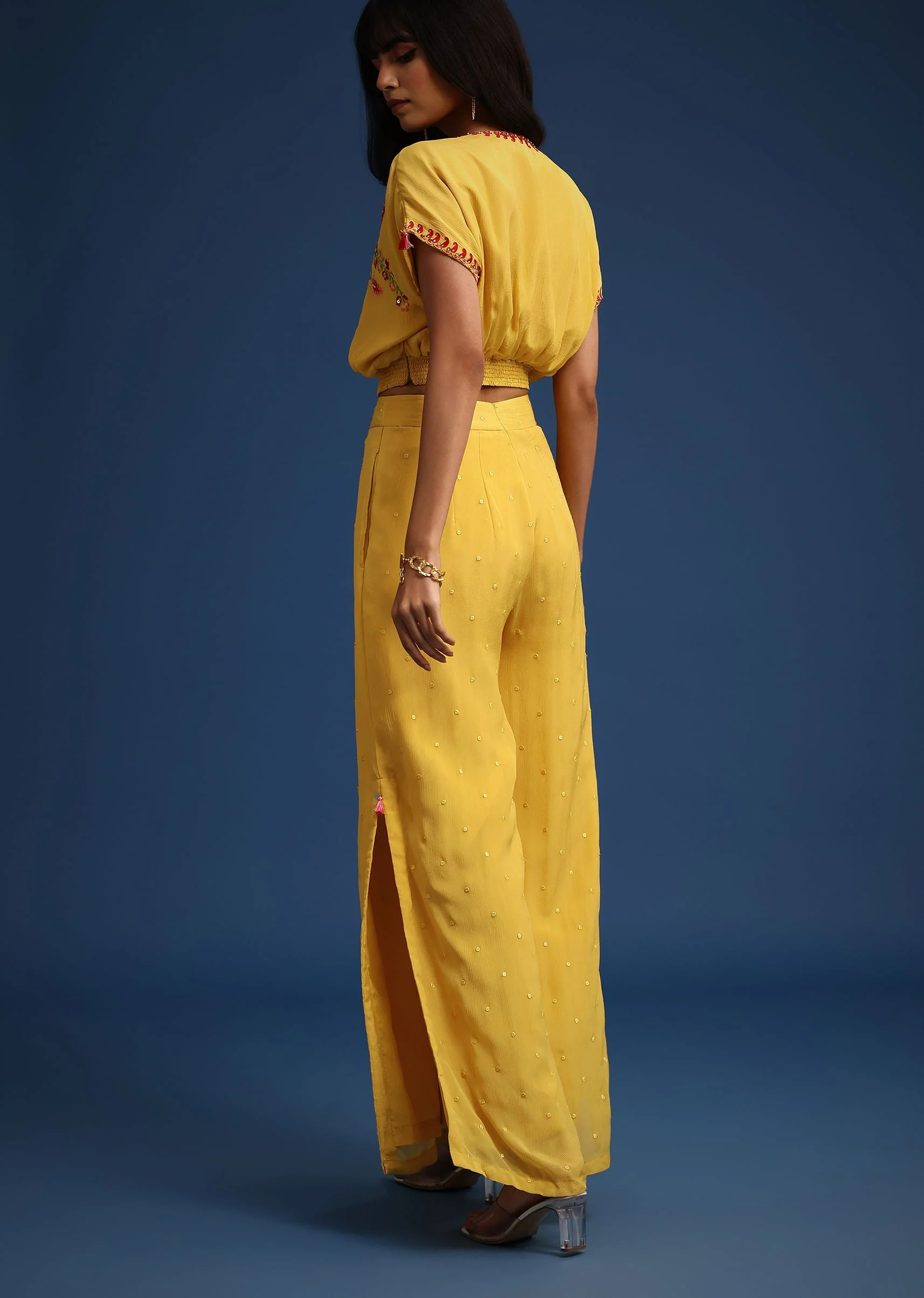 Yellow Crop Top With Slit Palazzo And Scarf - Image 5