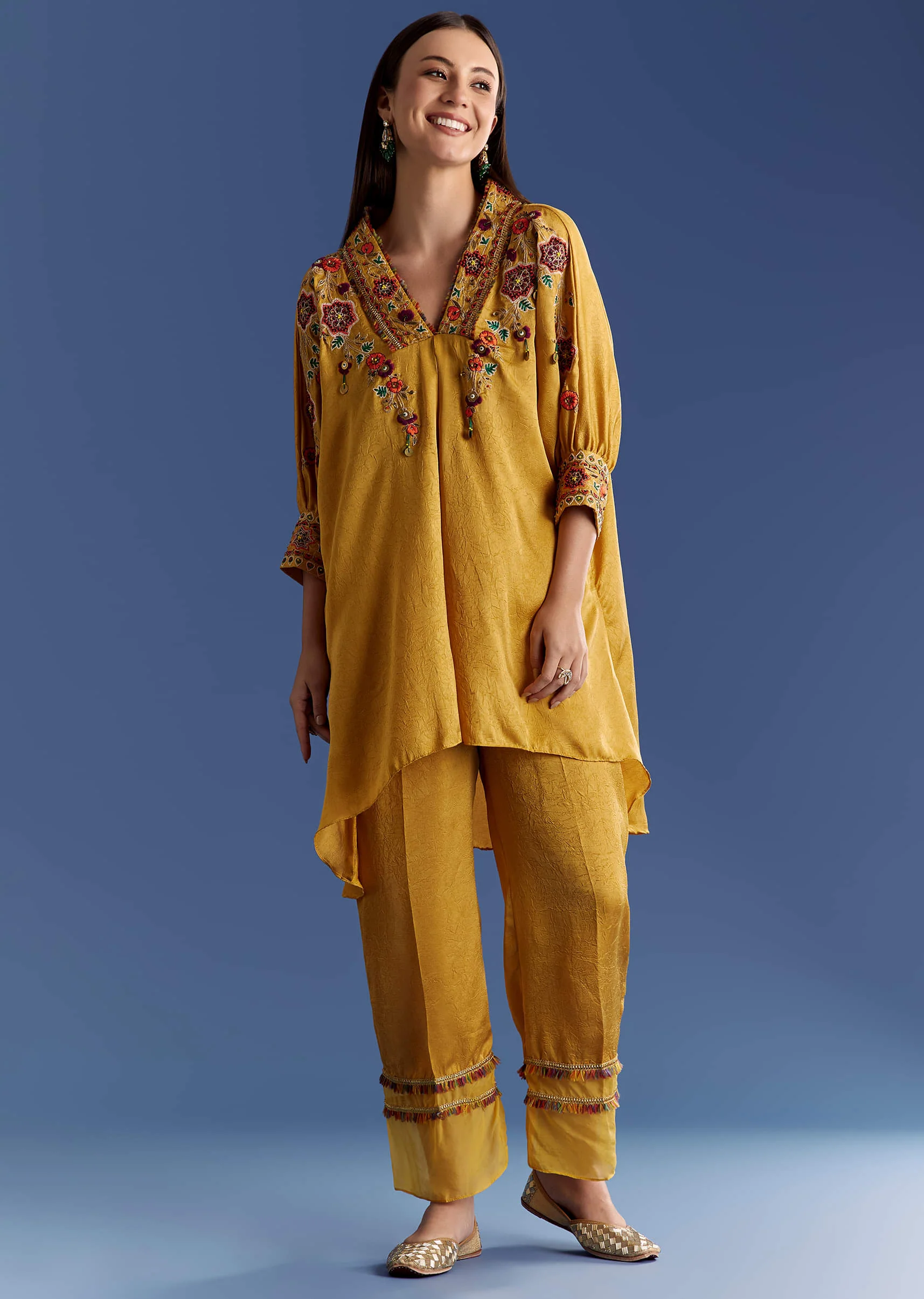 Yellow Crush Silk Kurta Set With Resham And Beads Work - Image 2
