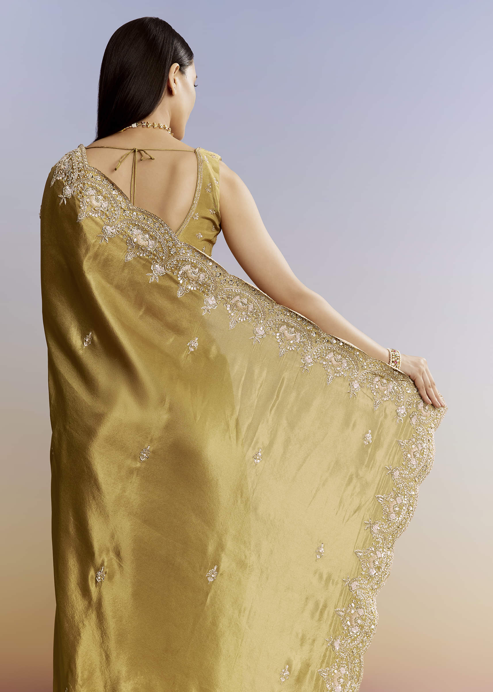 Yellow Crush Tissue Saree With Gota Zari And Beads Embroidery - Image 4