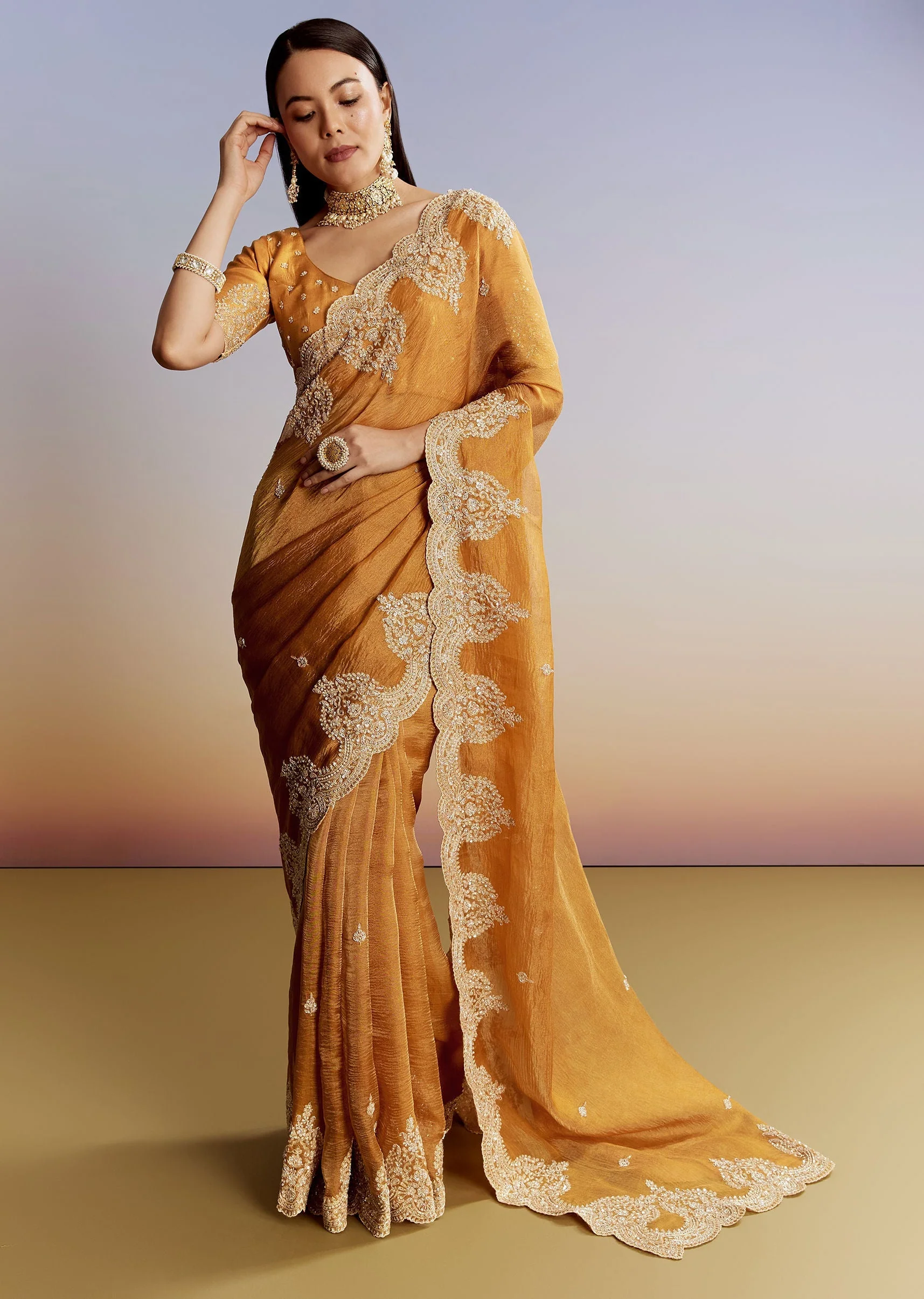 Yellow Crush Tissue Saree With Heavy Embroidered Border And Blouse - Image 3
