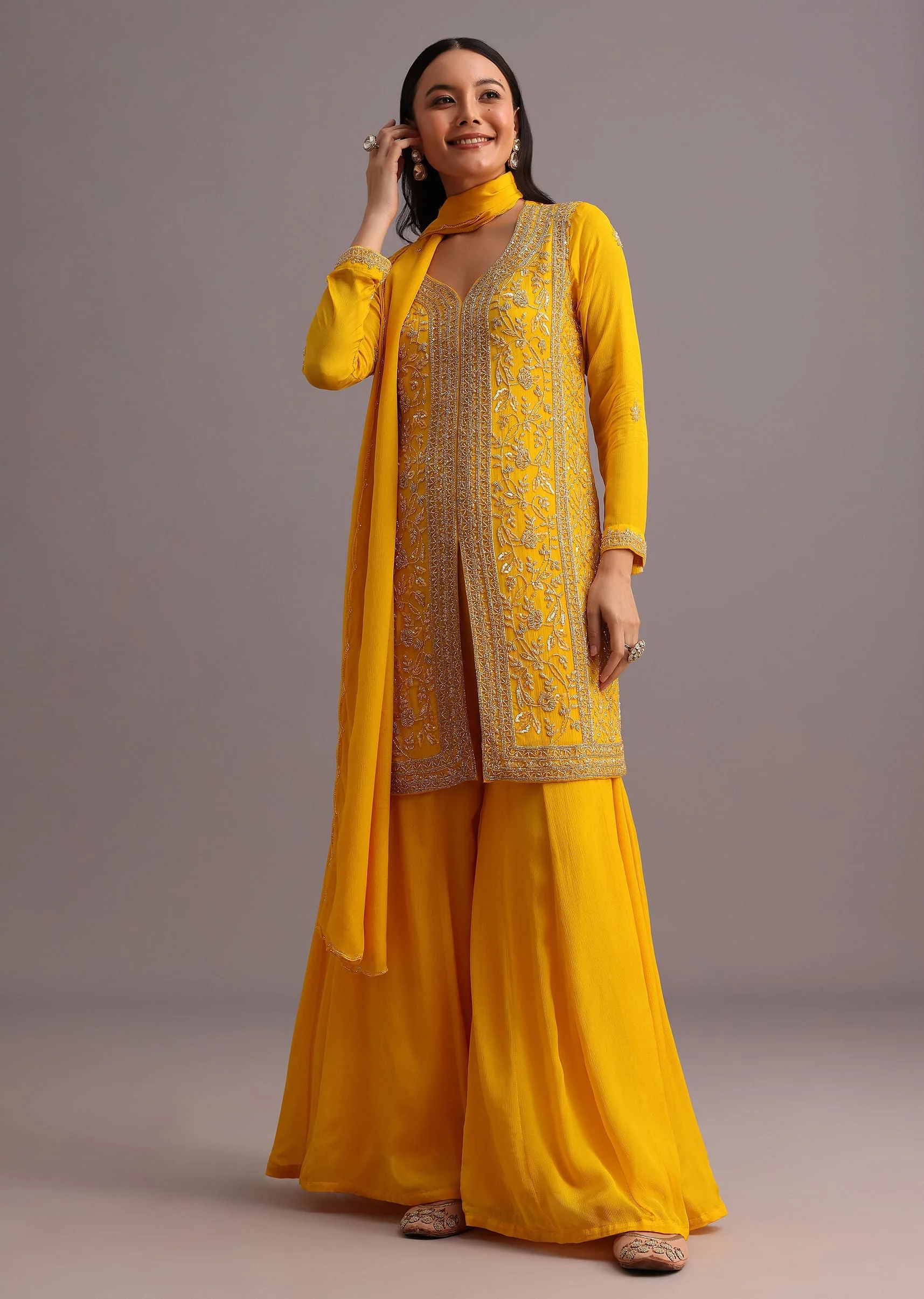 Yellow Cutdana Kurti Palazzo Suit With Dupatta - Image 3