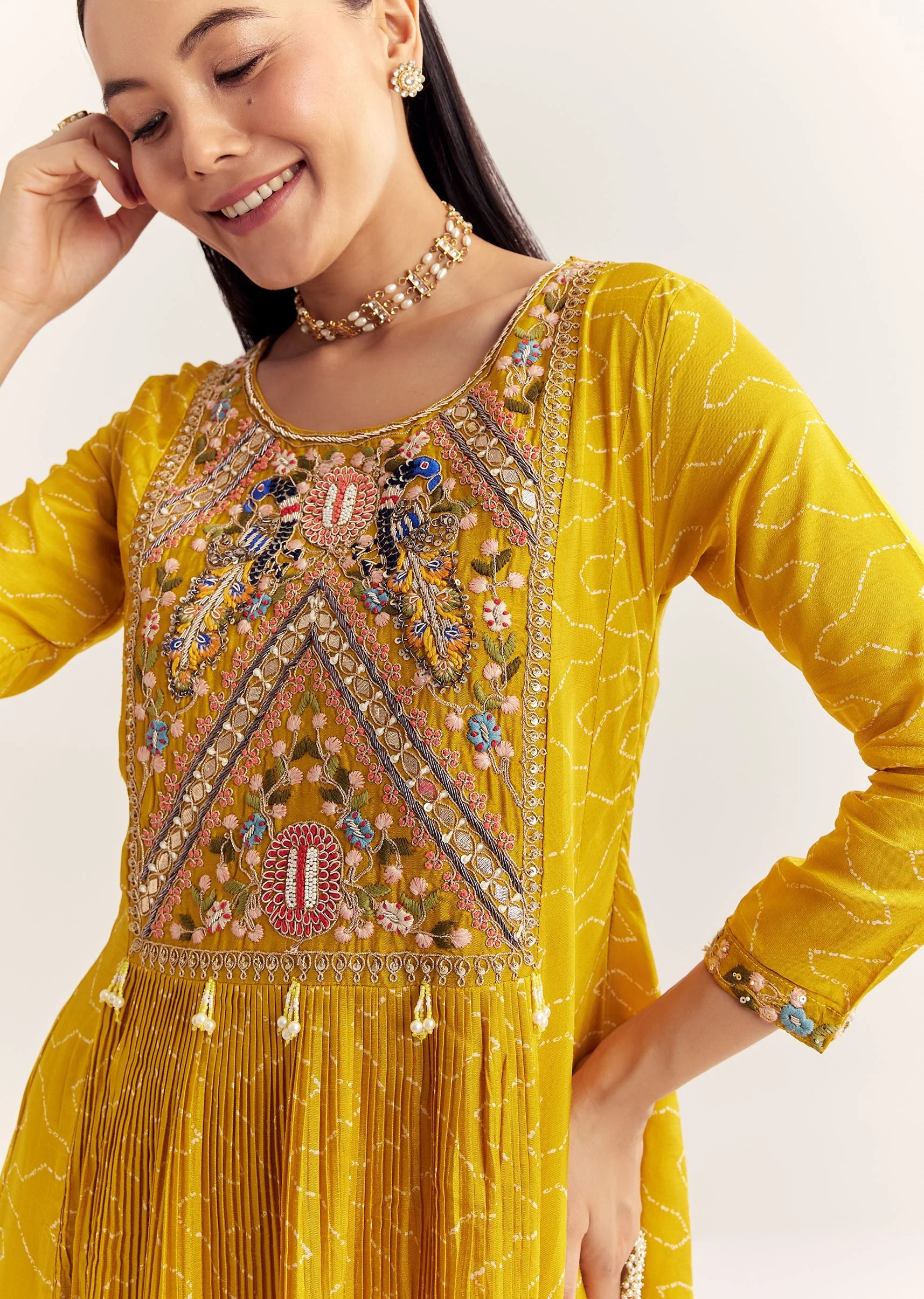 Yellow Dola Silk Gown With Embroidery - Image 2