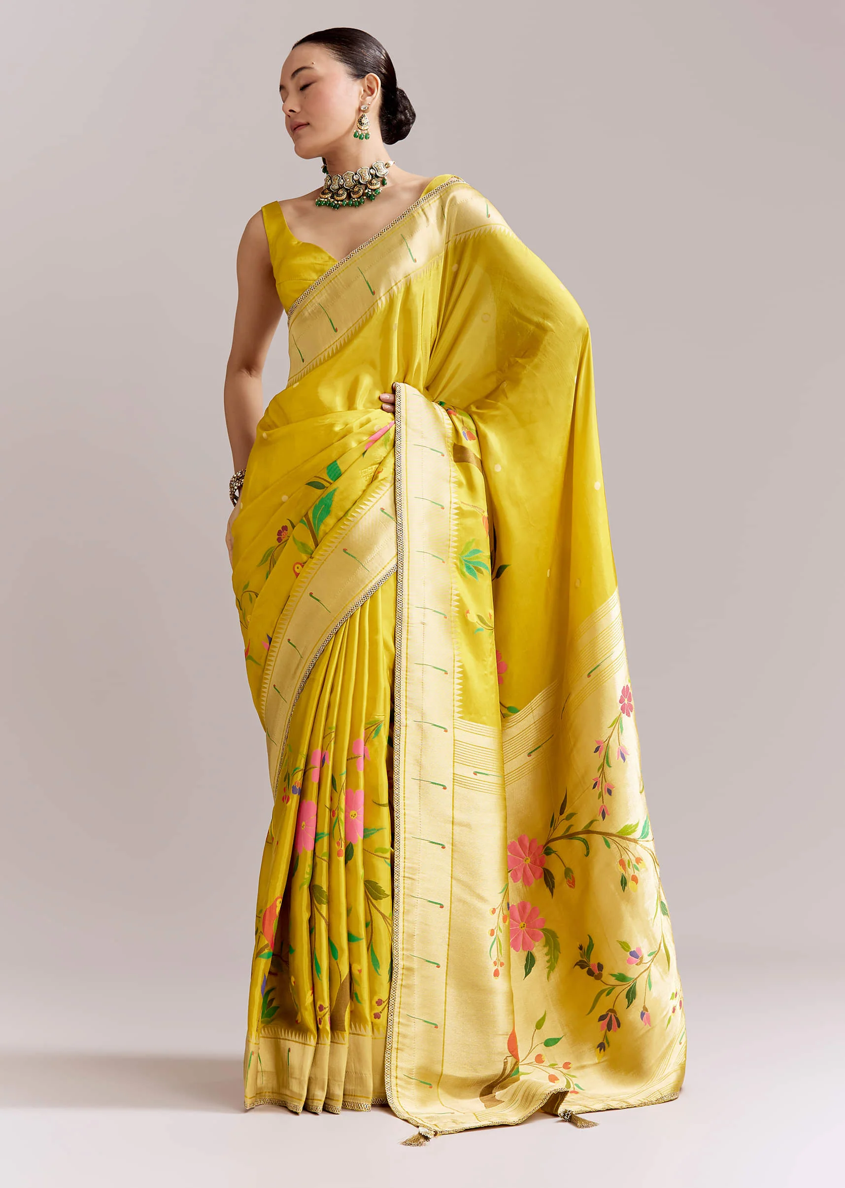 Yellow Dola Silk Woven Muniya Paithani Saree With Zari Border - Image 10
