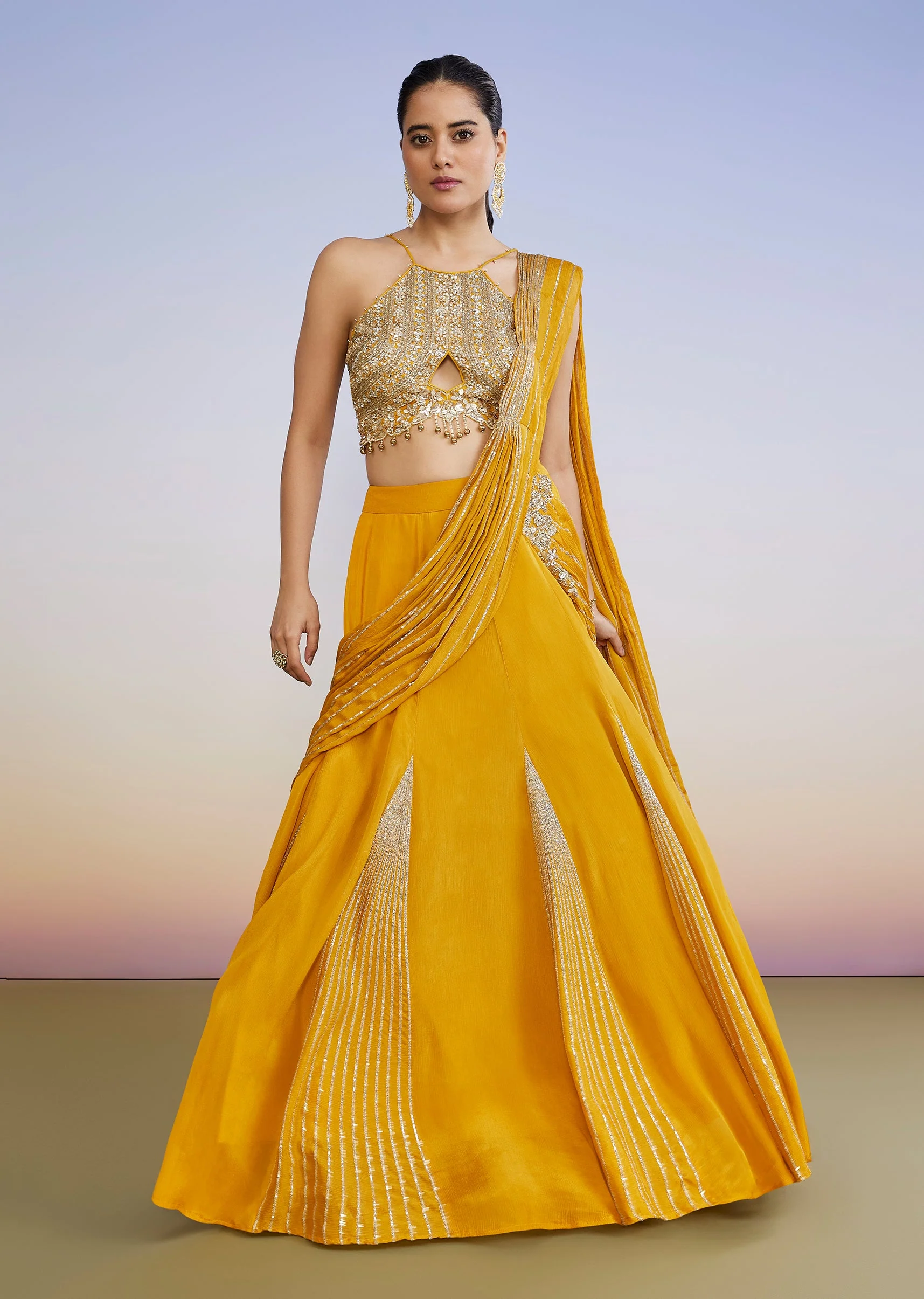 Yellow Drape Style Lehenga With Sequin Cut Dana Halter Choli - Image 4