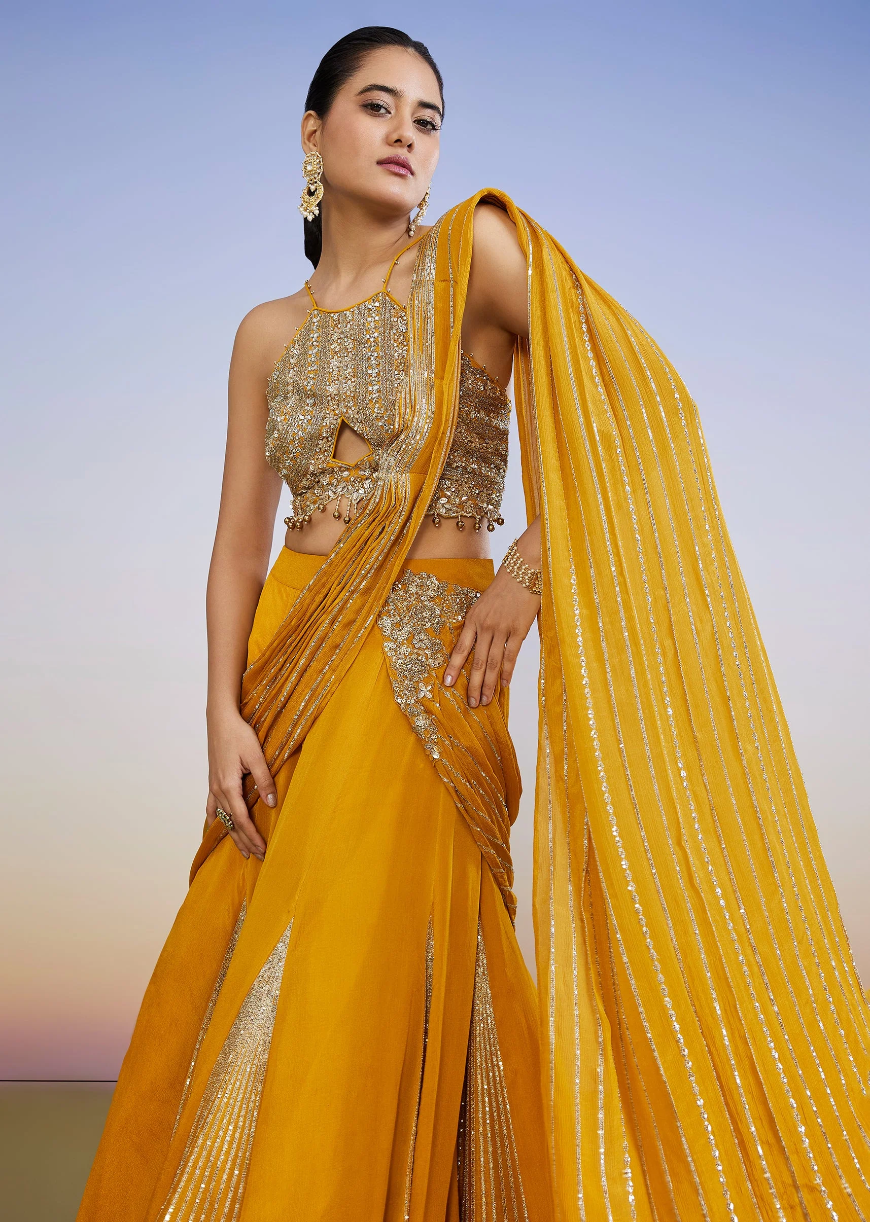 Yellow Drape Style Lehenga With Sequin Cut Dana Halter Choli - Image 5