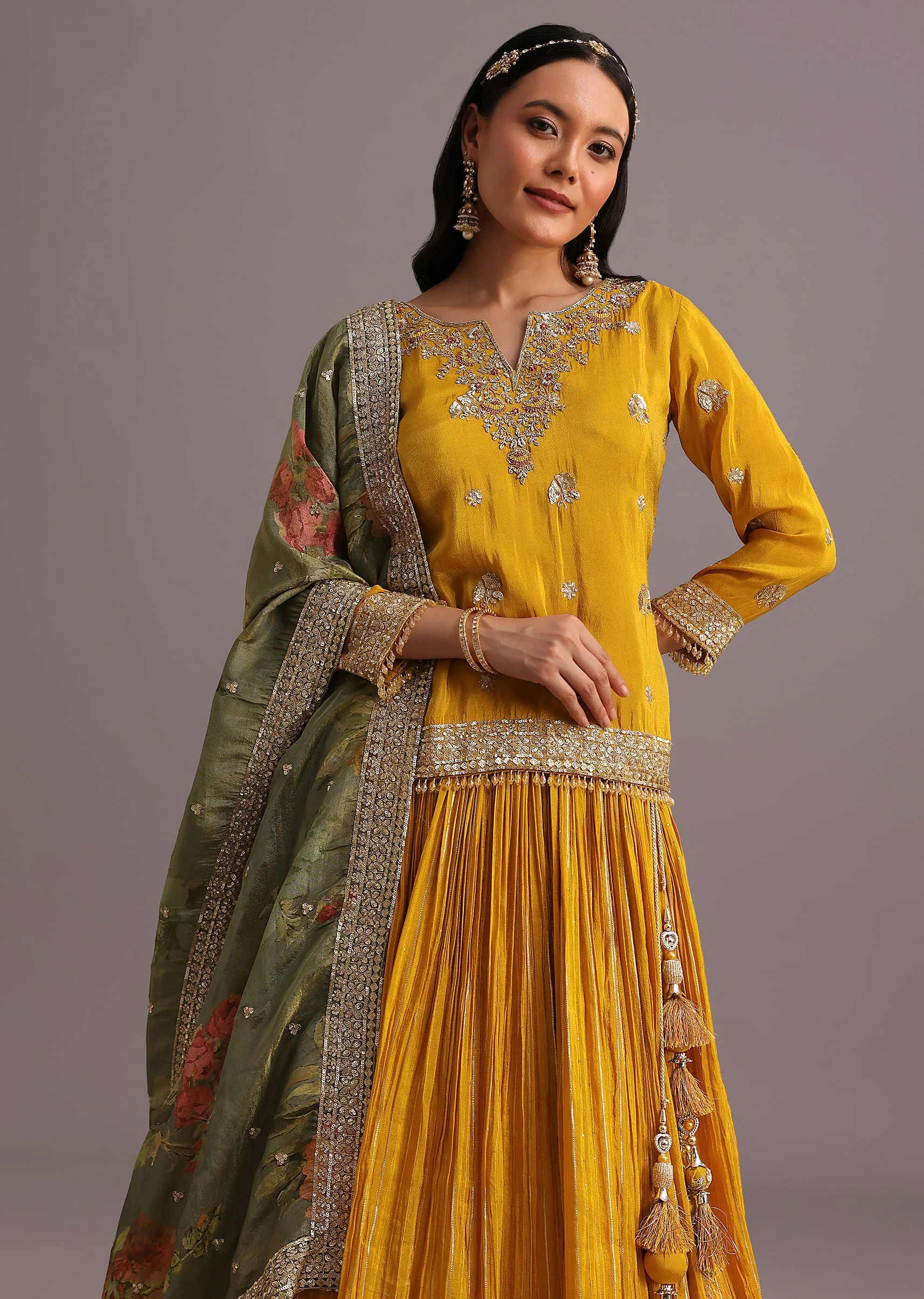 Yellow Embellished Kurta Lehenga With Printed Dupatta - Image 2