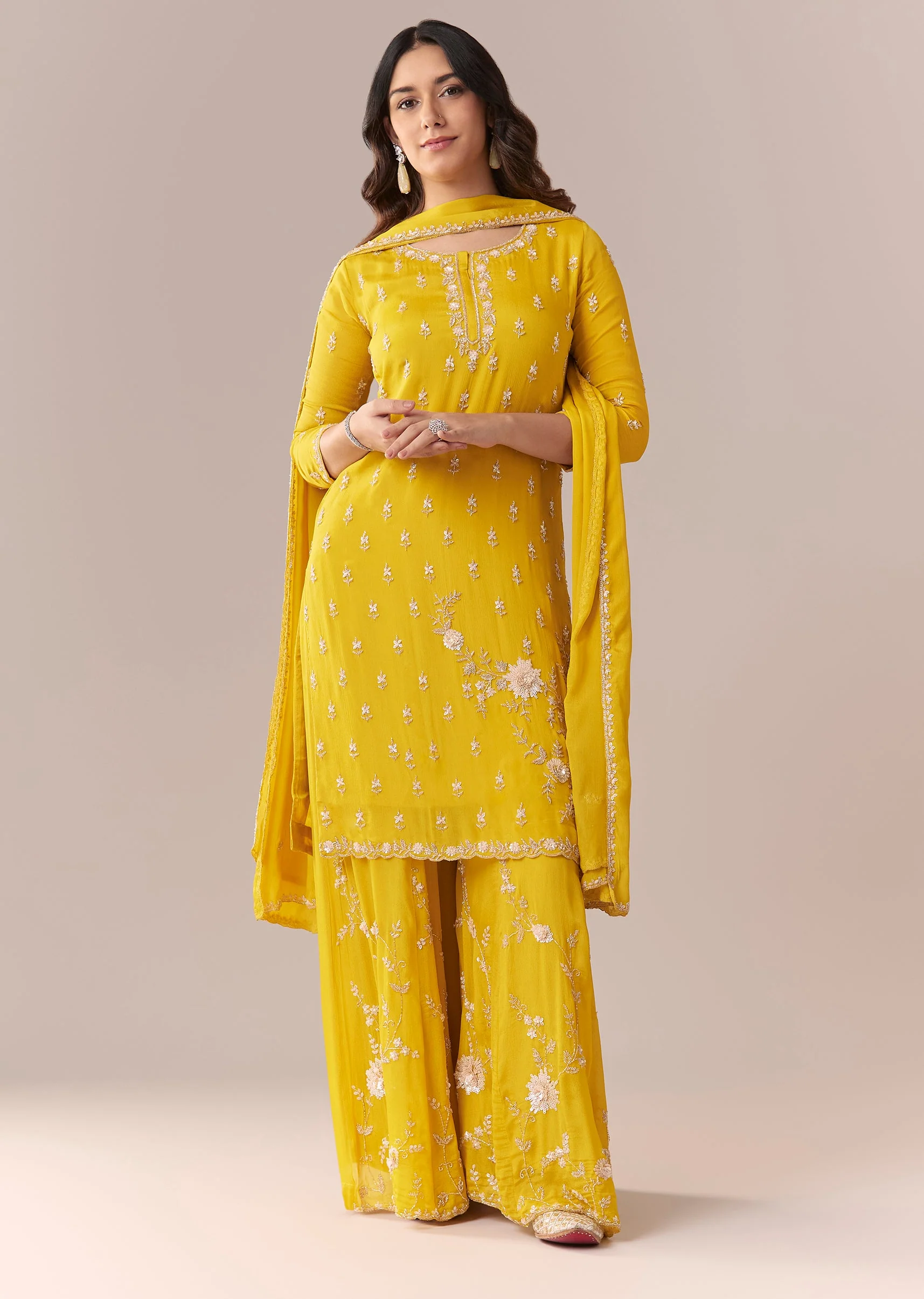 Yellow Embellished Palazzo Suit Set With Dupatta - Image 3