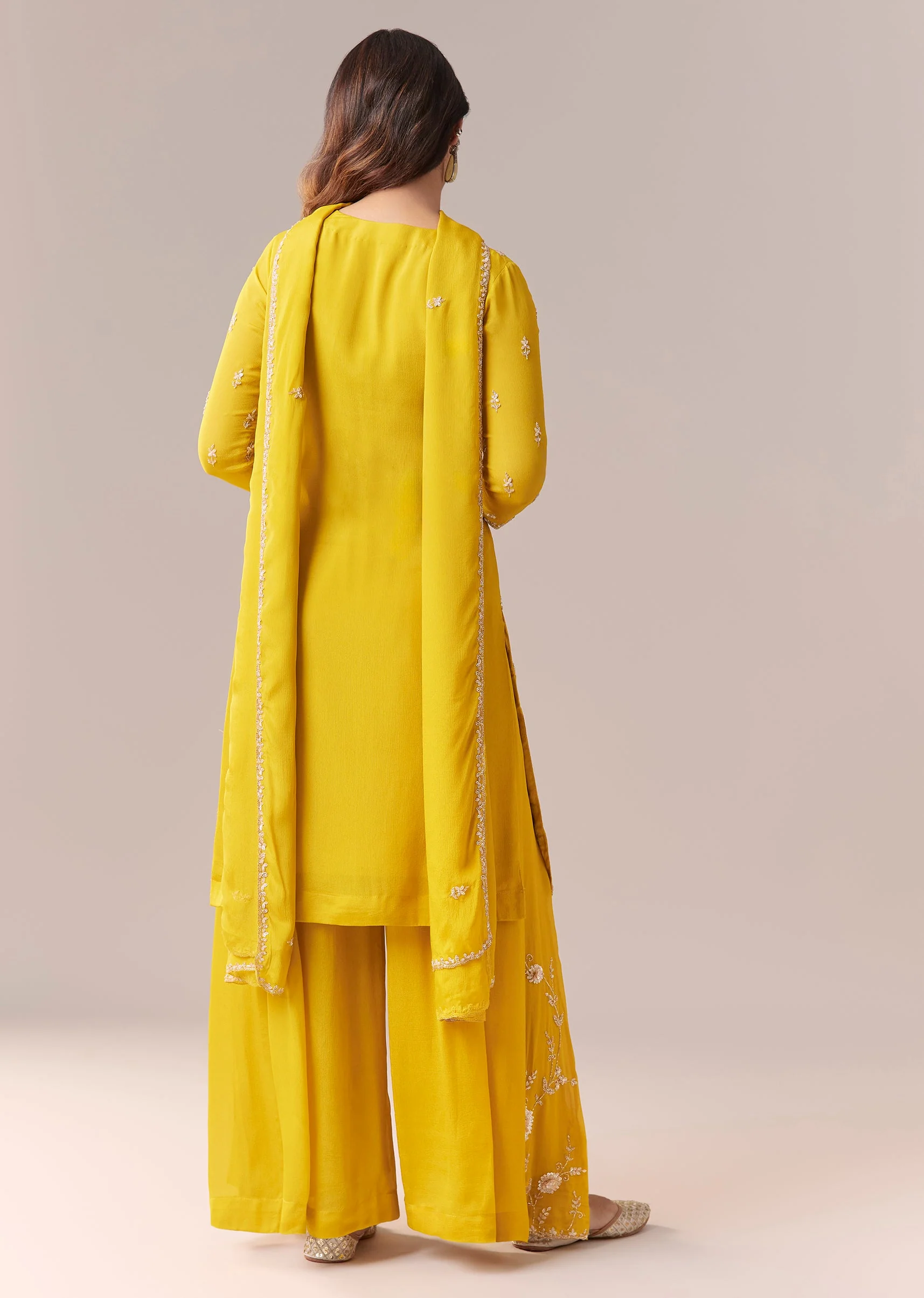 Yellow Embellished Palazzo Suit Set With Dupatta - Image 5