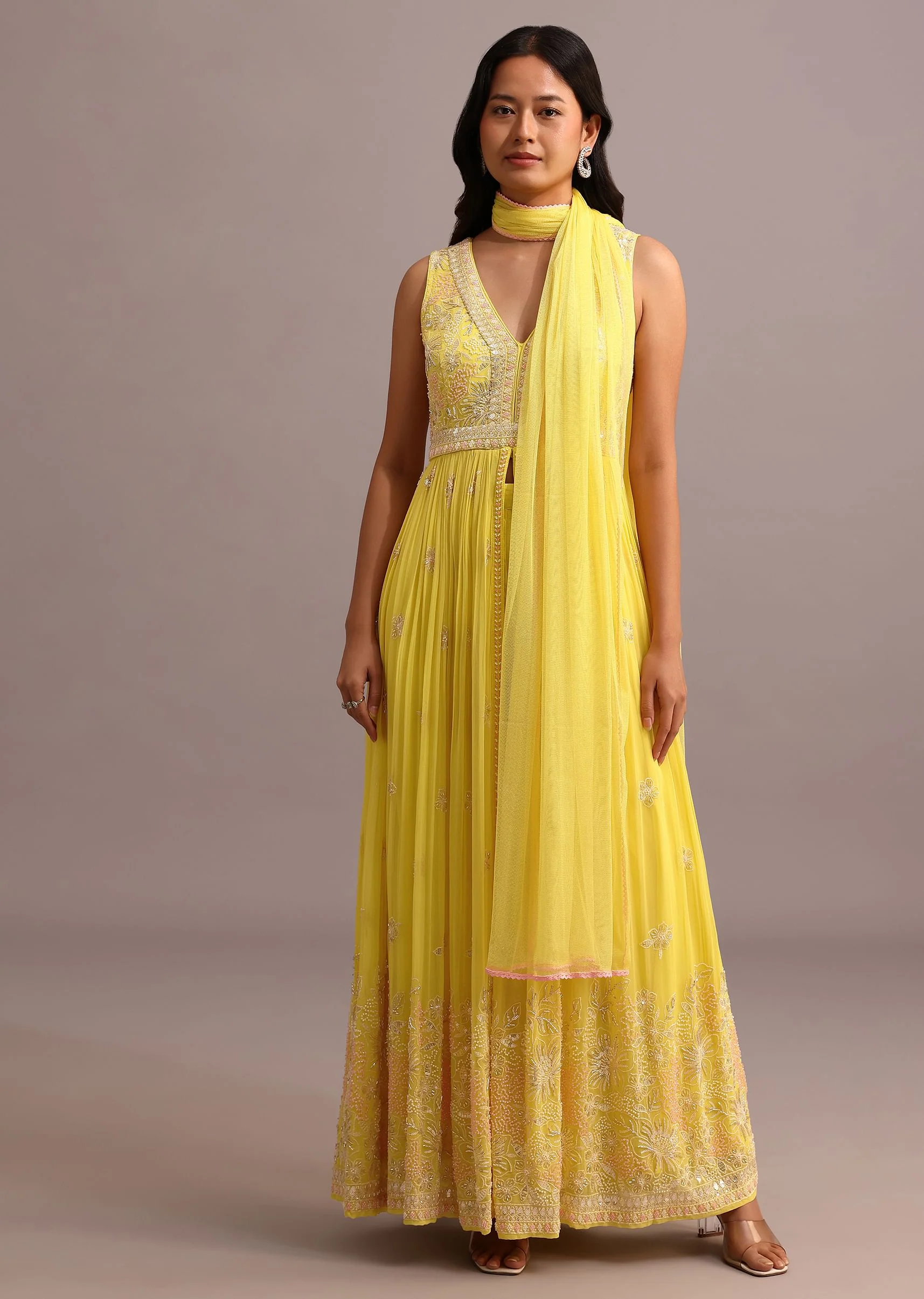 Yellow Embroidered Anarkali Pant Suit With Net Dupatta - Image 3