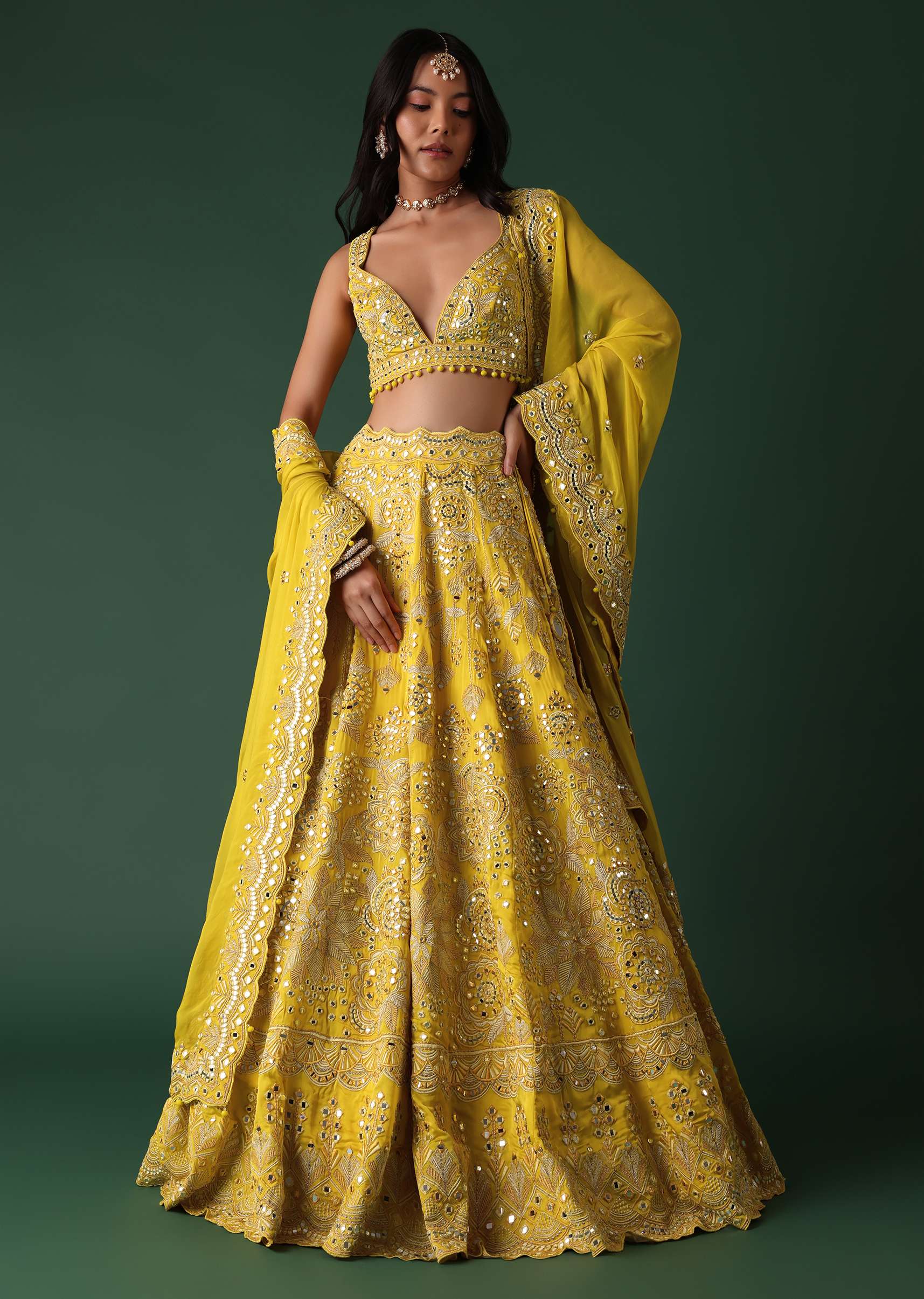 Yellow Embroidered Bridal Lehenga And Blouse Set With Mirror Work - Image 5