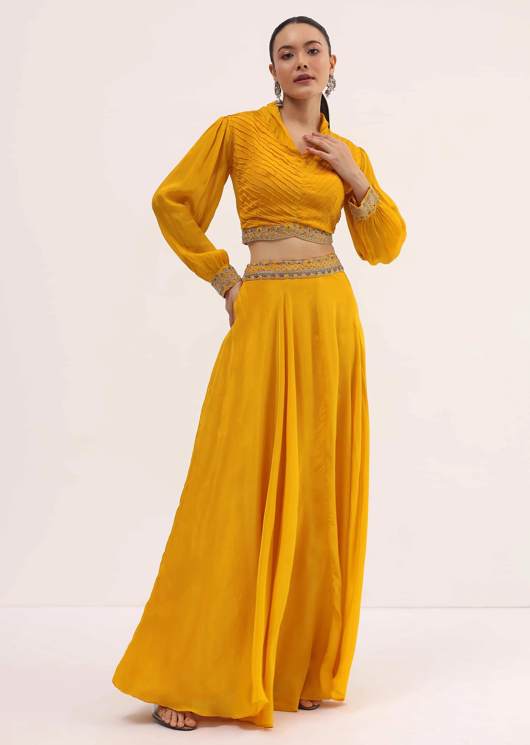 Yellow Embroidered Chiffon Crop Top And Skirt - Image 3