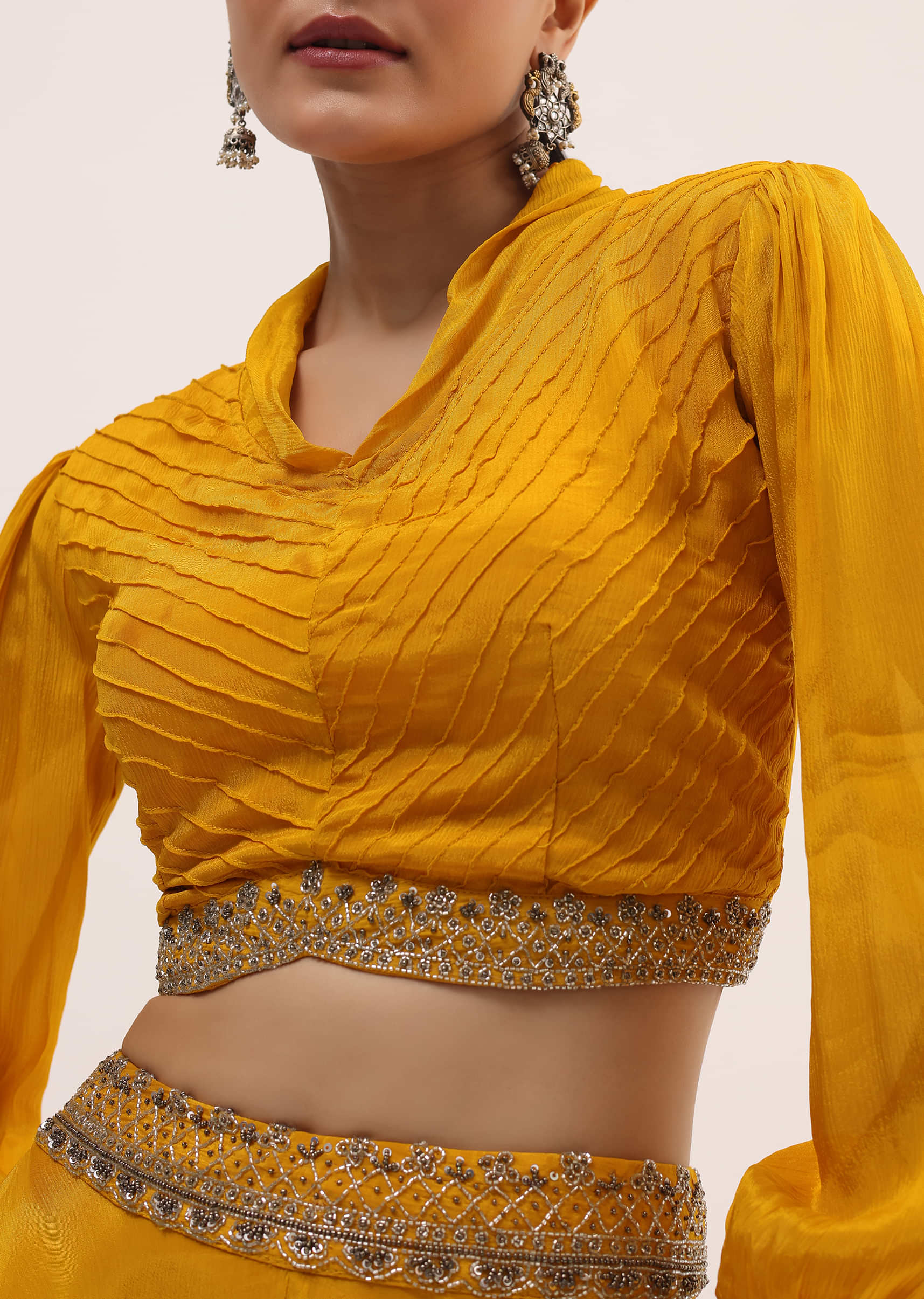 Yellow Embroidered Chiffon Crop Top And Skirt - Image 4