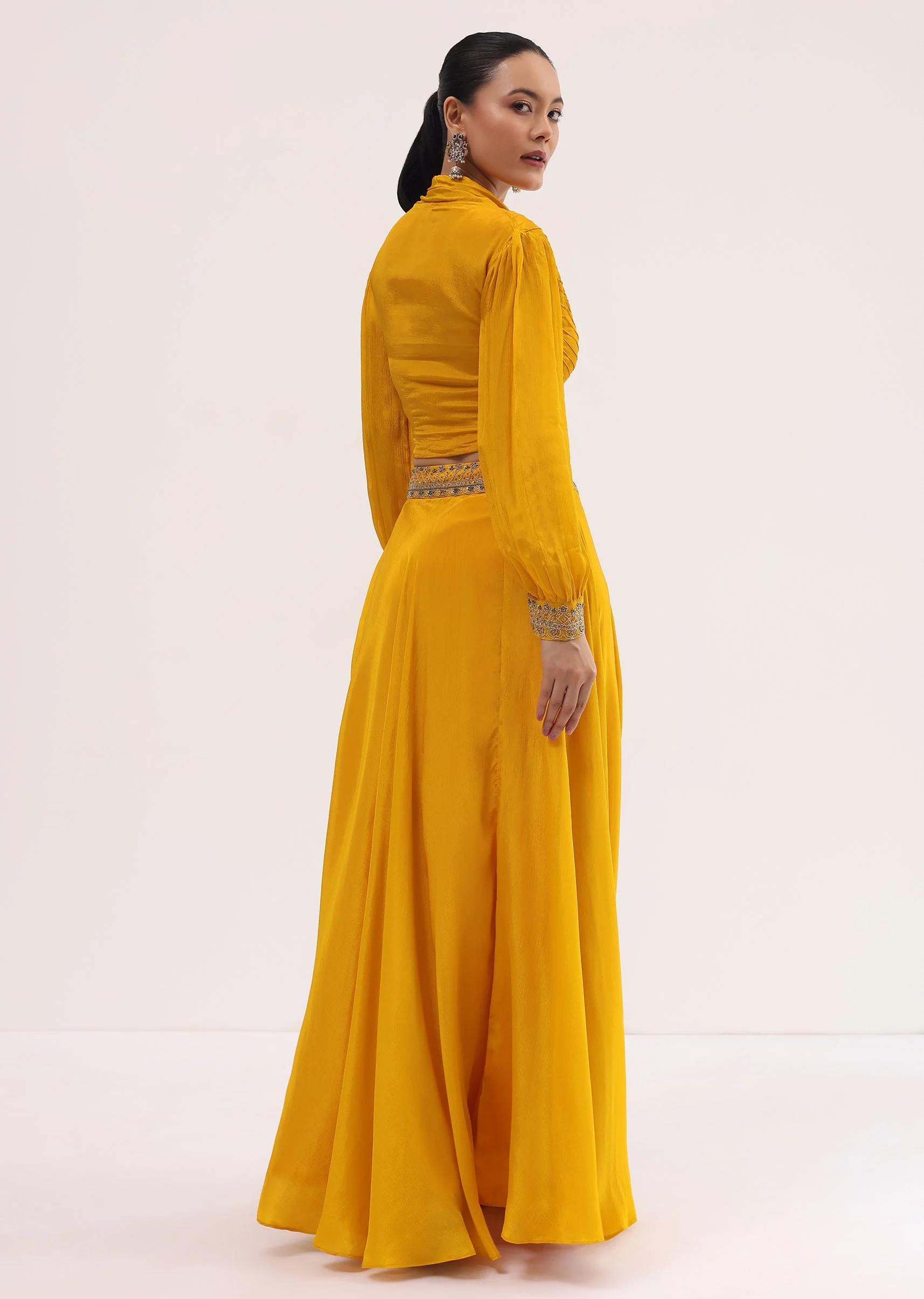 Yellow Embroidered Chiffon Crop Top And Skirt - Image 5
