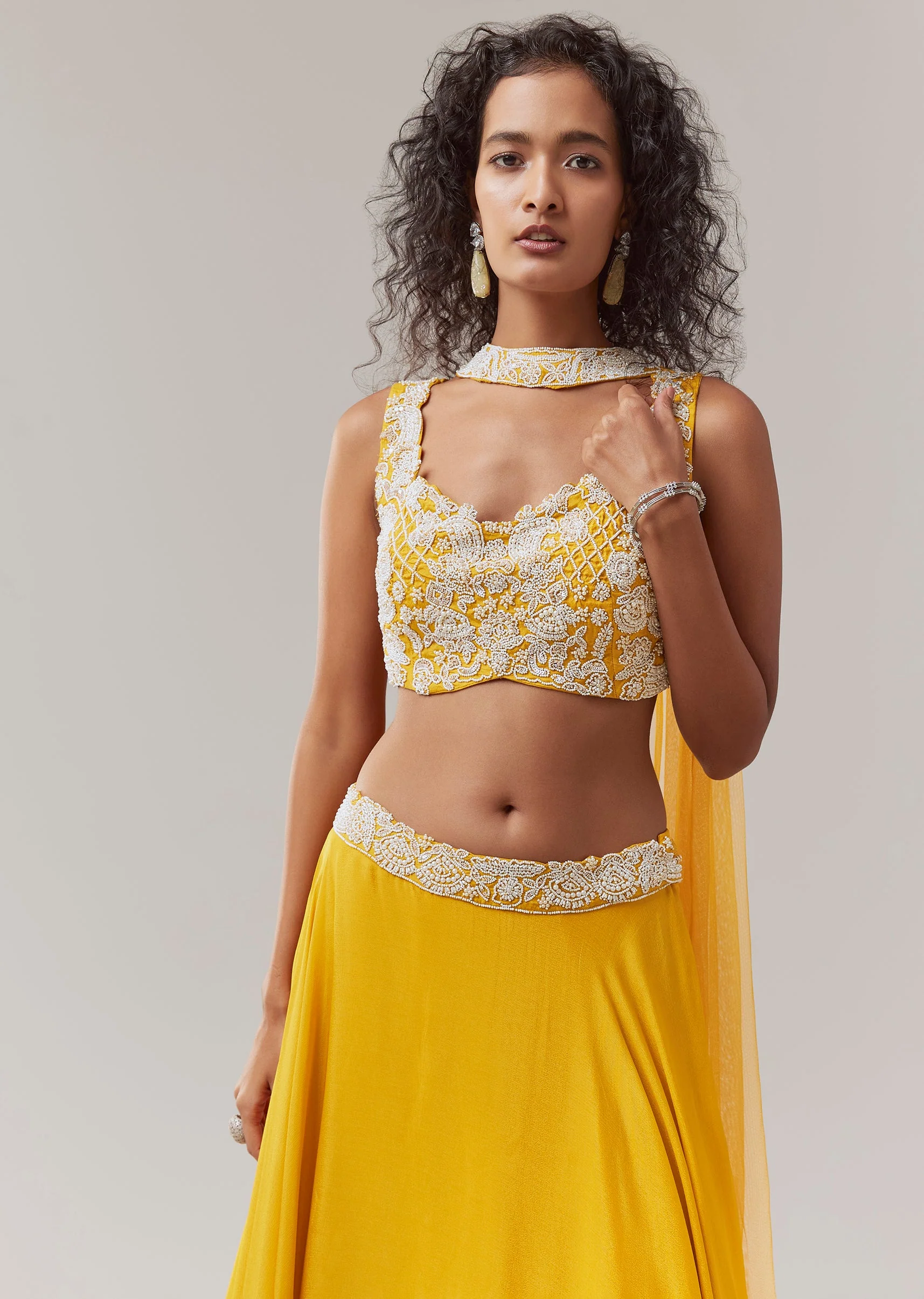 Yellow Embroidered Chinon Silk Lehenga Set - Image 4