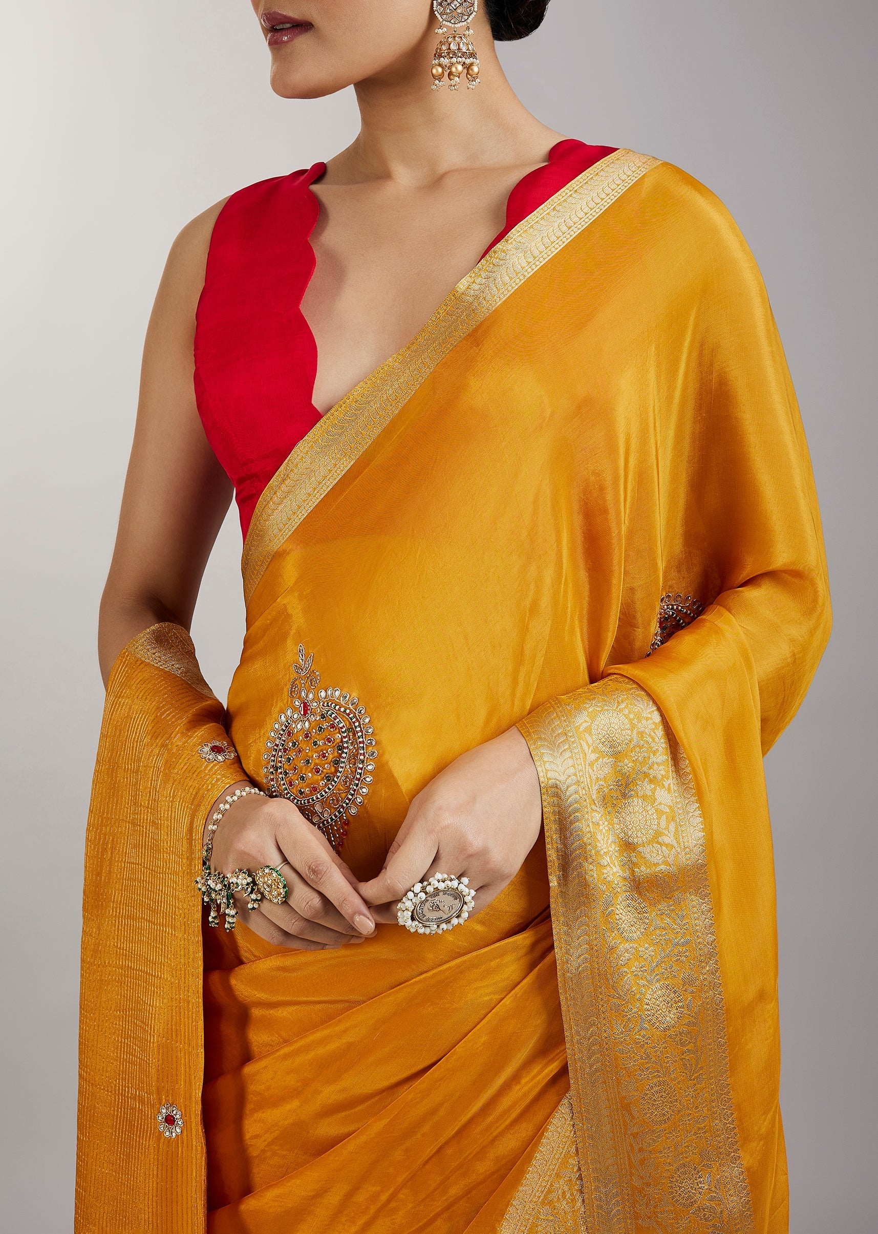 Yellow Embroidered Crepe Saree - Image 2